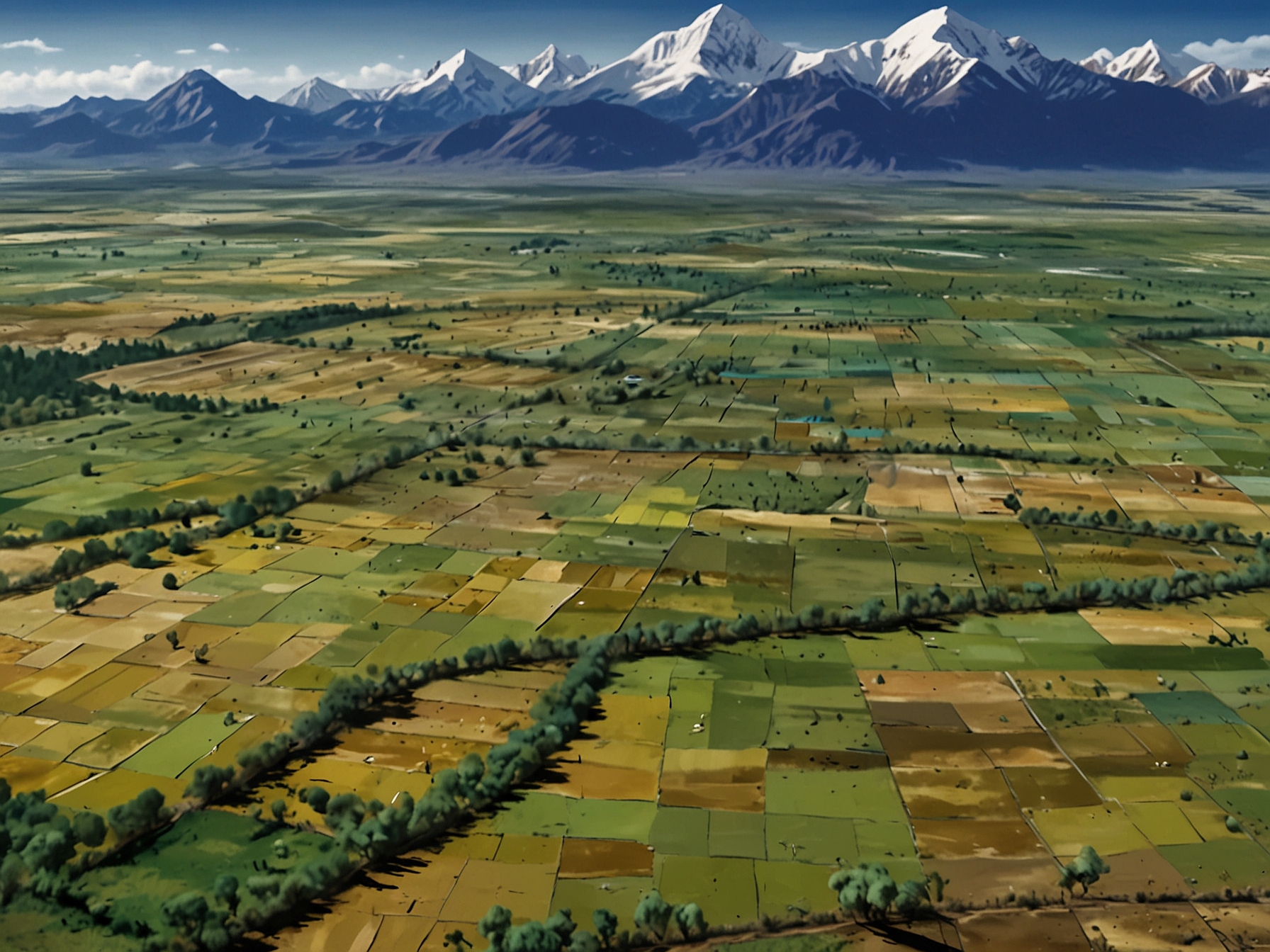 An aerial view of the Tibetan Plateau showing diverse vegetation adapted to changing climate conditions, illustrating the increase in aboveground biomass distribution over past decades.