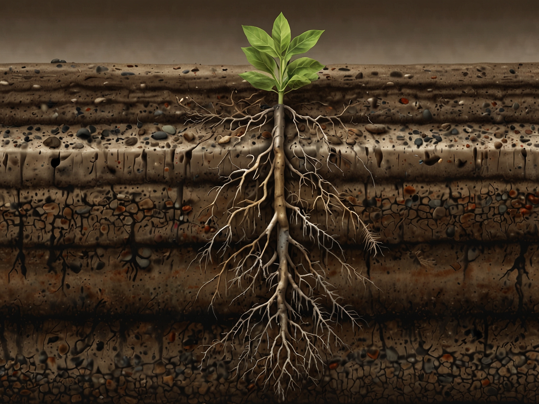 A close-up of plant roots extending deep into the soil on the Tibetan Plateau, depicting changes in belowground biomass distribution due to climate-driven nutrient availability and soil activity.