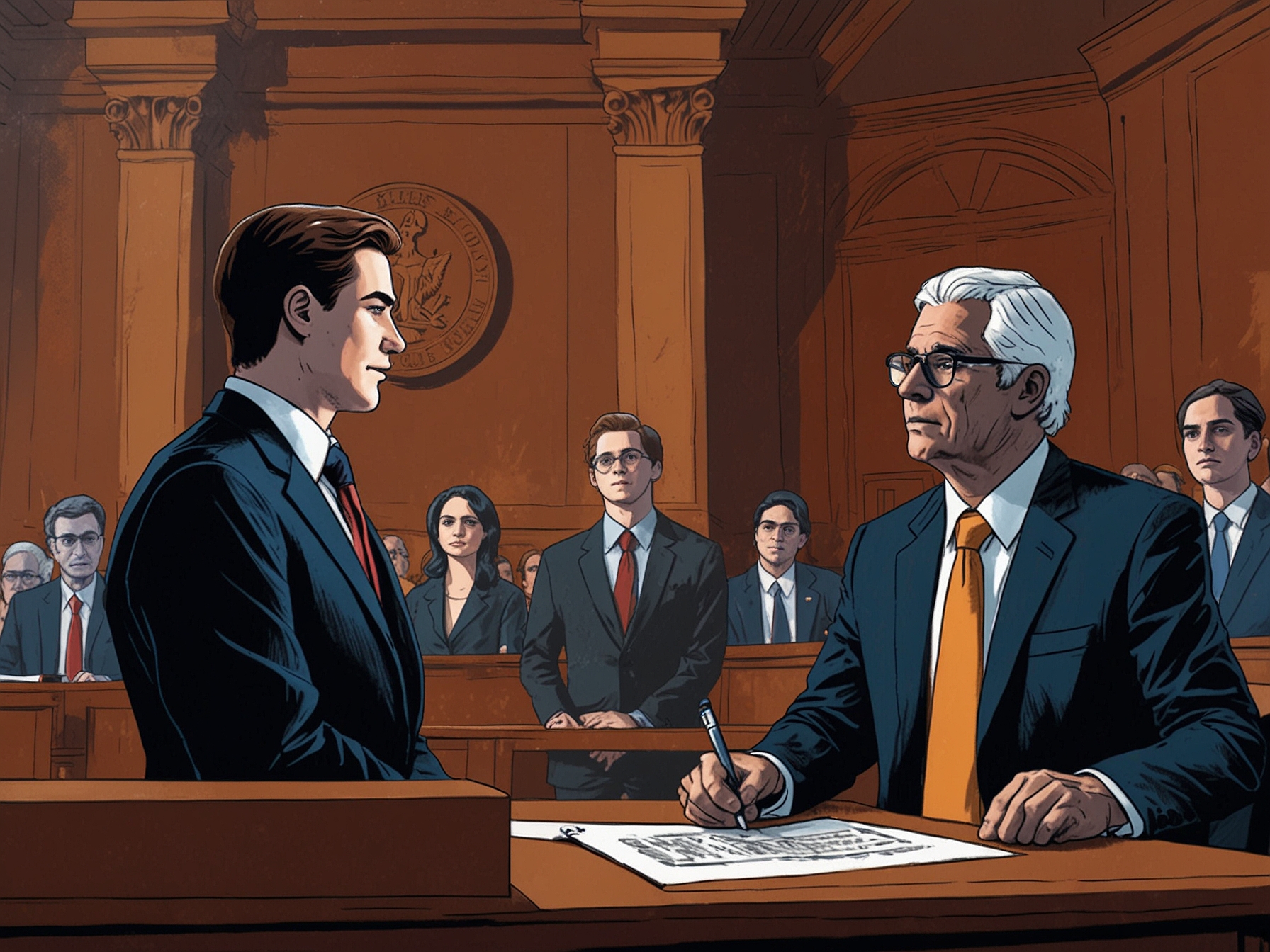 A courtroom scene with TikTok's legal team on one side and U.S. government representatives on the other, emphasizing the intense legal battle over the app’s future.