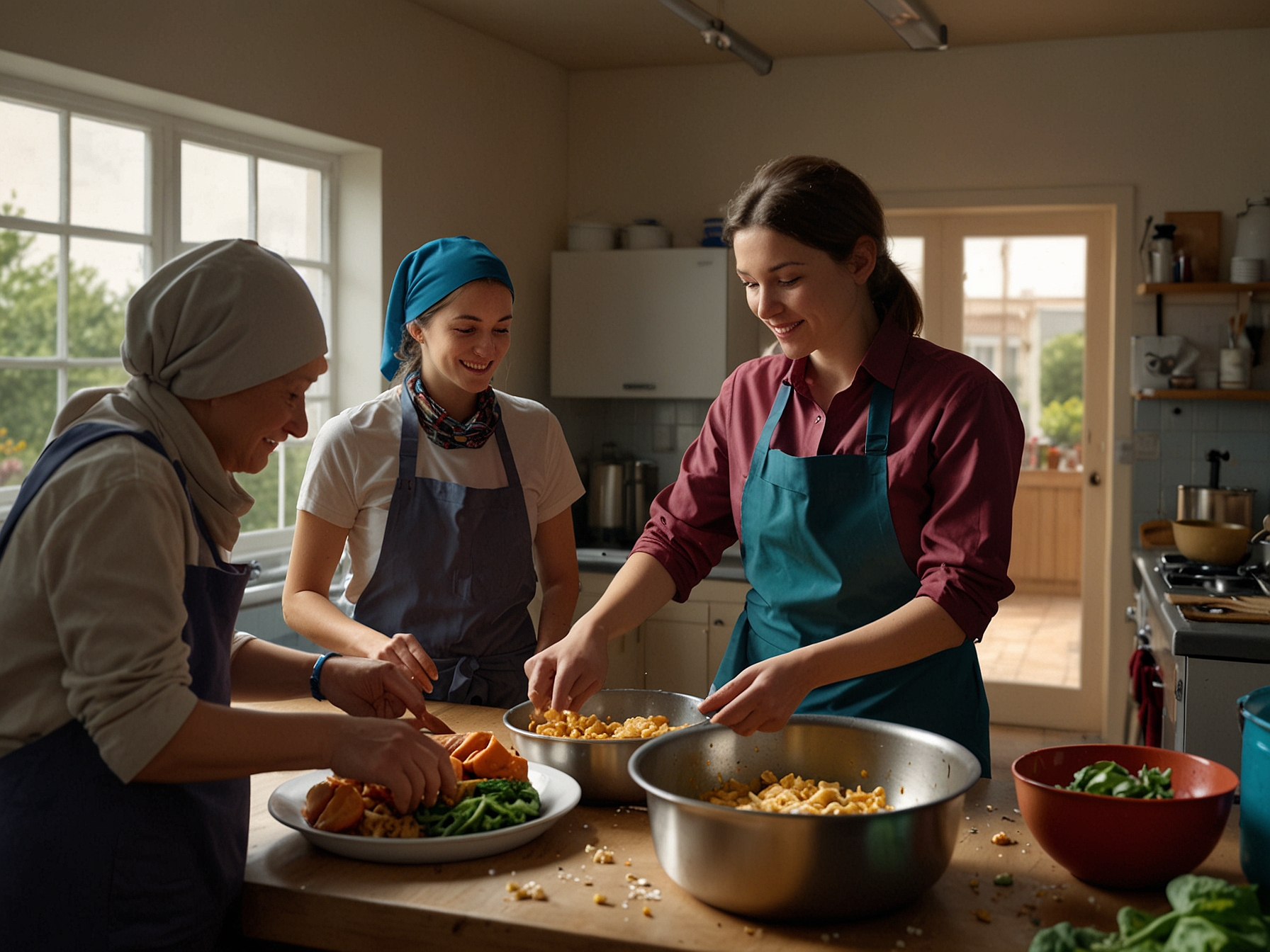 Image of Sophie Bell guiding homeless participants in a vibrant kitchen, where they are actively engaged in learning to prepare and cook meals.