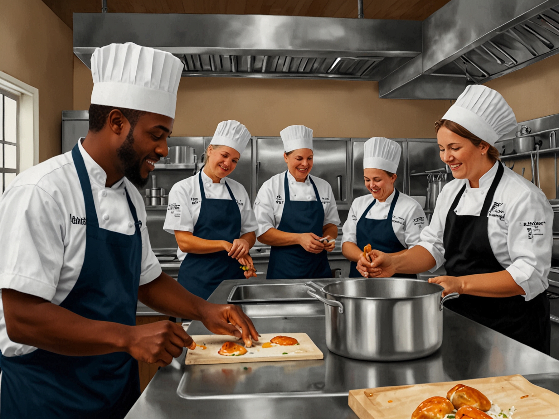 Local chefs mentoring program participants in a professional kitchen, offering hands-on culinary training and fostering a supportive community network.