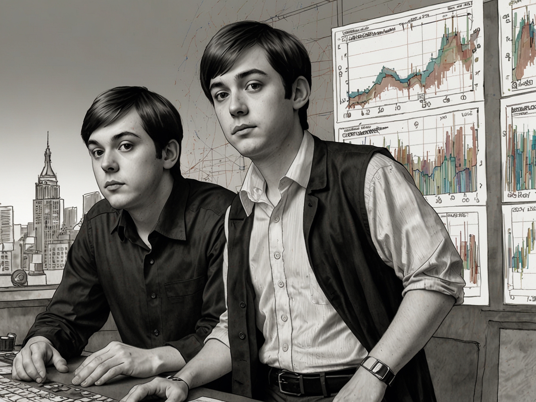 An illustration of Martin Shkreli and Barron Trump in front of a fluctuating cryptocurrency graph, symbolizing the volatility and speculation-driven surge in DJT TrumpCoin's value.