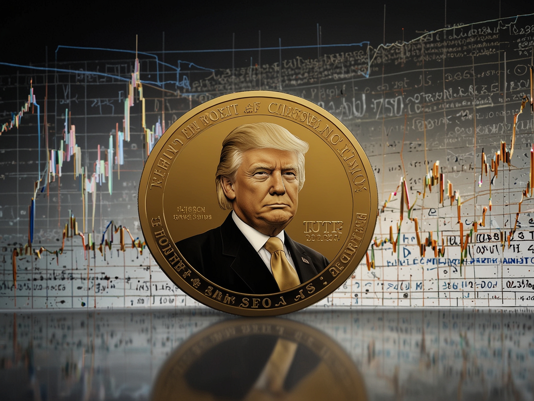 A graphic representation of a golden DJT TrumpCoin with digital codes in the background, emphasizing its rapid increase in value and market interest sparked by rumored Trump family associations.