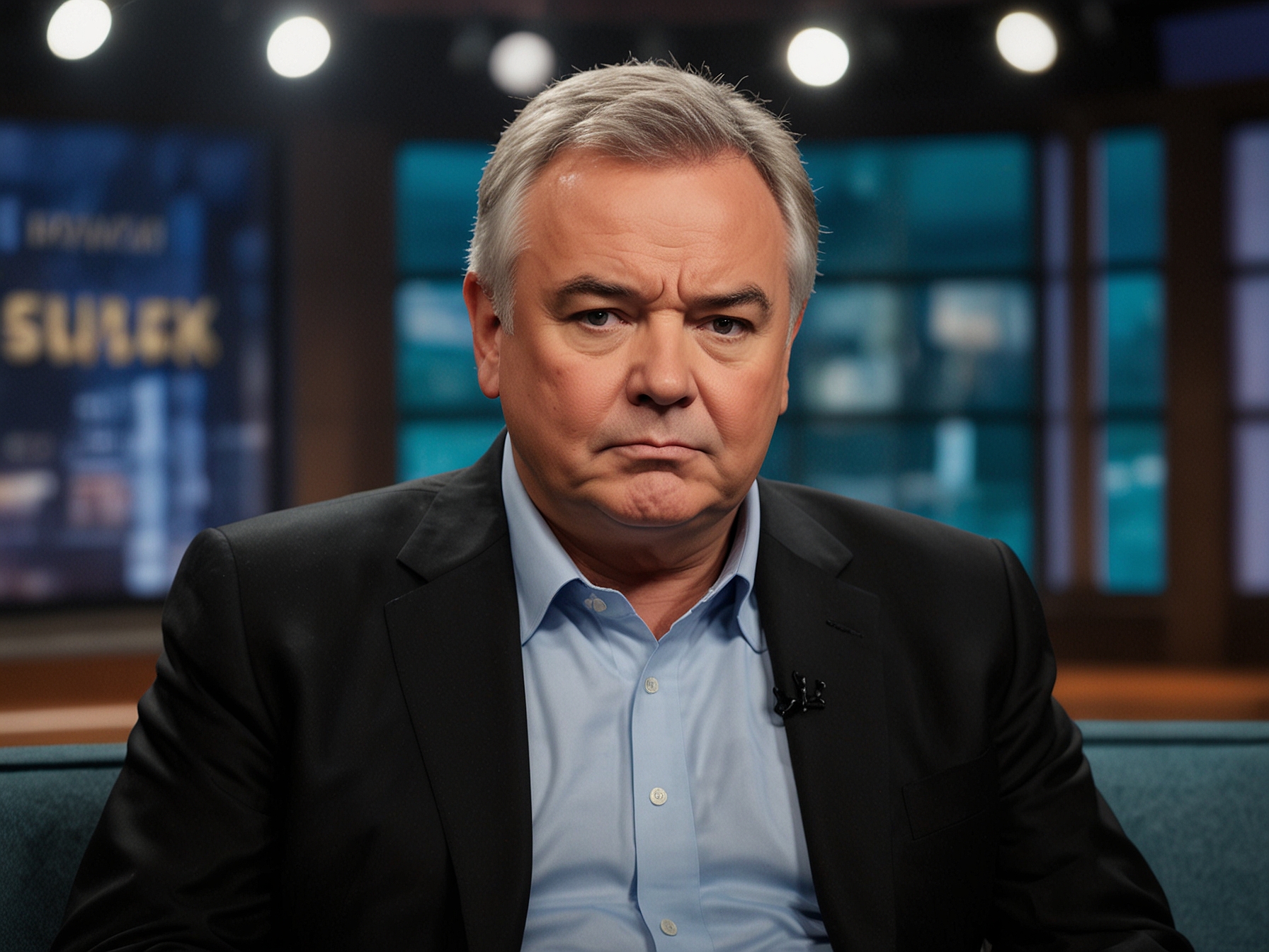 Eamonn Holmes, the seasoned television presenter, appears contemplative on the set of a talk show, symbolizing his reflective state amid personal challenges and a potential career shift.