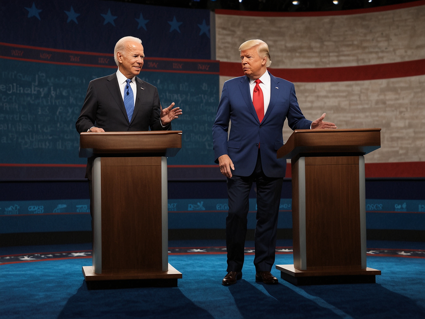 Illustration shows President Joe Biden and former President Donald Trump on stage during the 2024 presidential debate, highlighting the contrasting visions for America's future.