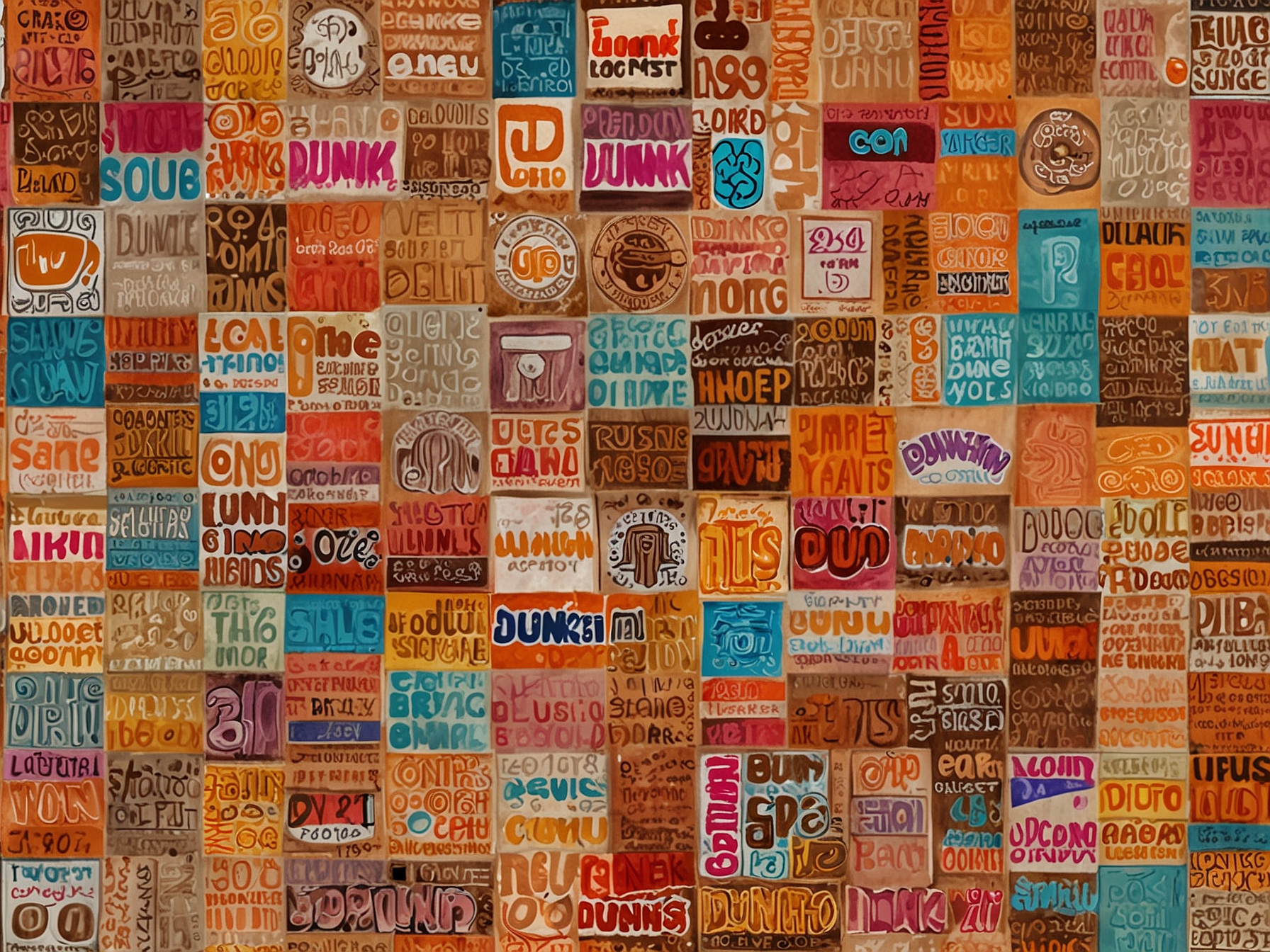 A collage of different Dunkin' logos over the years, highlighting variations in colors, fonts, and designs that fans have spotted, contributing to the ongoing conspiracy theories.