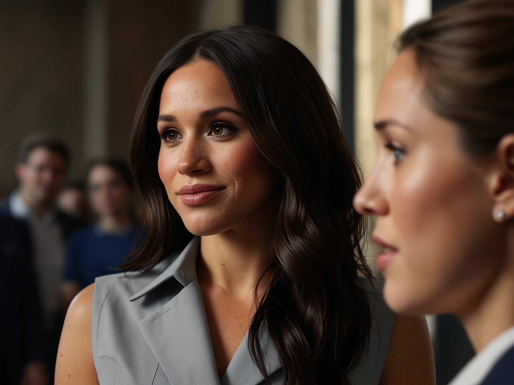 A contrasting image of Meghan Markle in a public interview, highlighting her frequent public criticisms and the focus on personal narrative, juxtaposed with Kate's composed and dutiful public return.