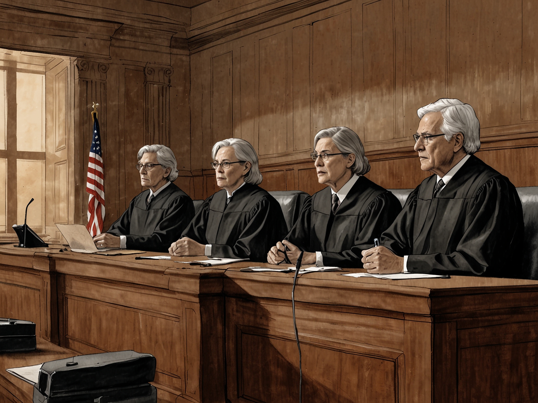 A courtroom illustration depicting Colorado State Supreme Court justices deliberating during oral arguments, highlighting the rigorous examination of legal issues influenced by recent SCOTUS rulings.