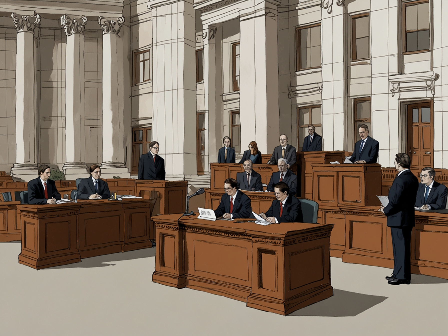 Artwork showing defense attorneys presenting cases in front of the Colorado State Supreme Court, leveraging new SCOTUS precedents to appeal past stalking convictions, emphasizing the shift in legal standards.