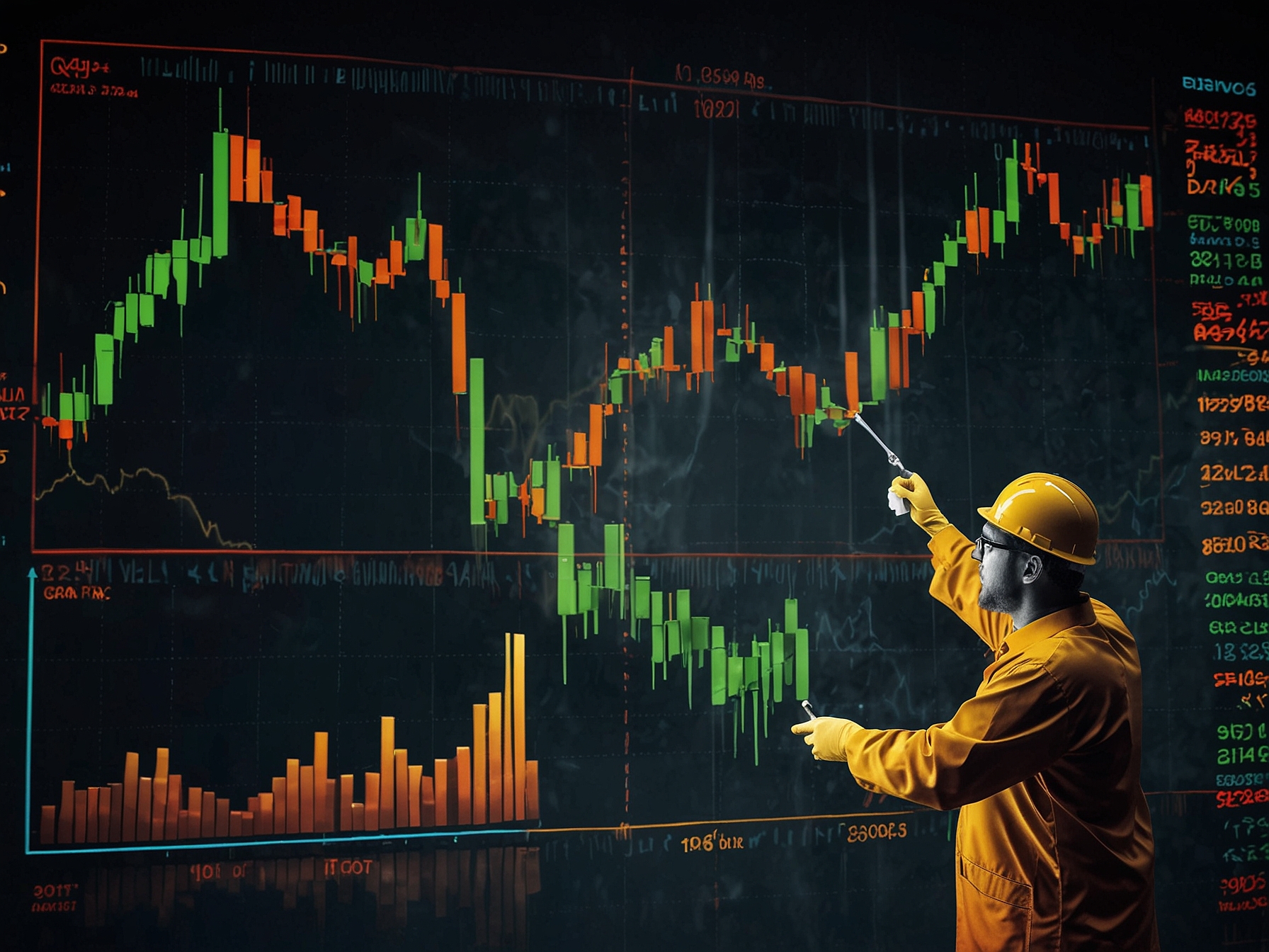 Stock market illustration with a focus on the energy sector's rebound. Rising oil prices and a surge in oil-related stocks are highlighted against a backdrop of broader market decline.