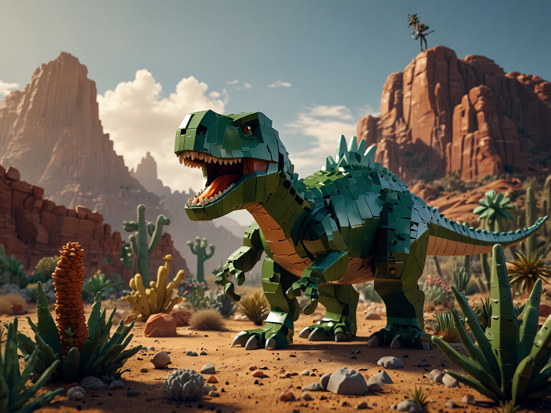 A completed LEGO-like Chrome Dino set, showing the pixelated dinosaur alongside its familiar in-game obstacles like cacti, perfectly capturing the nostalgic essence of the game.