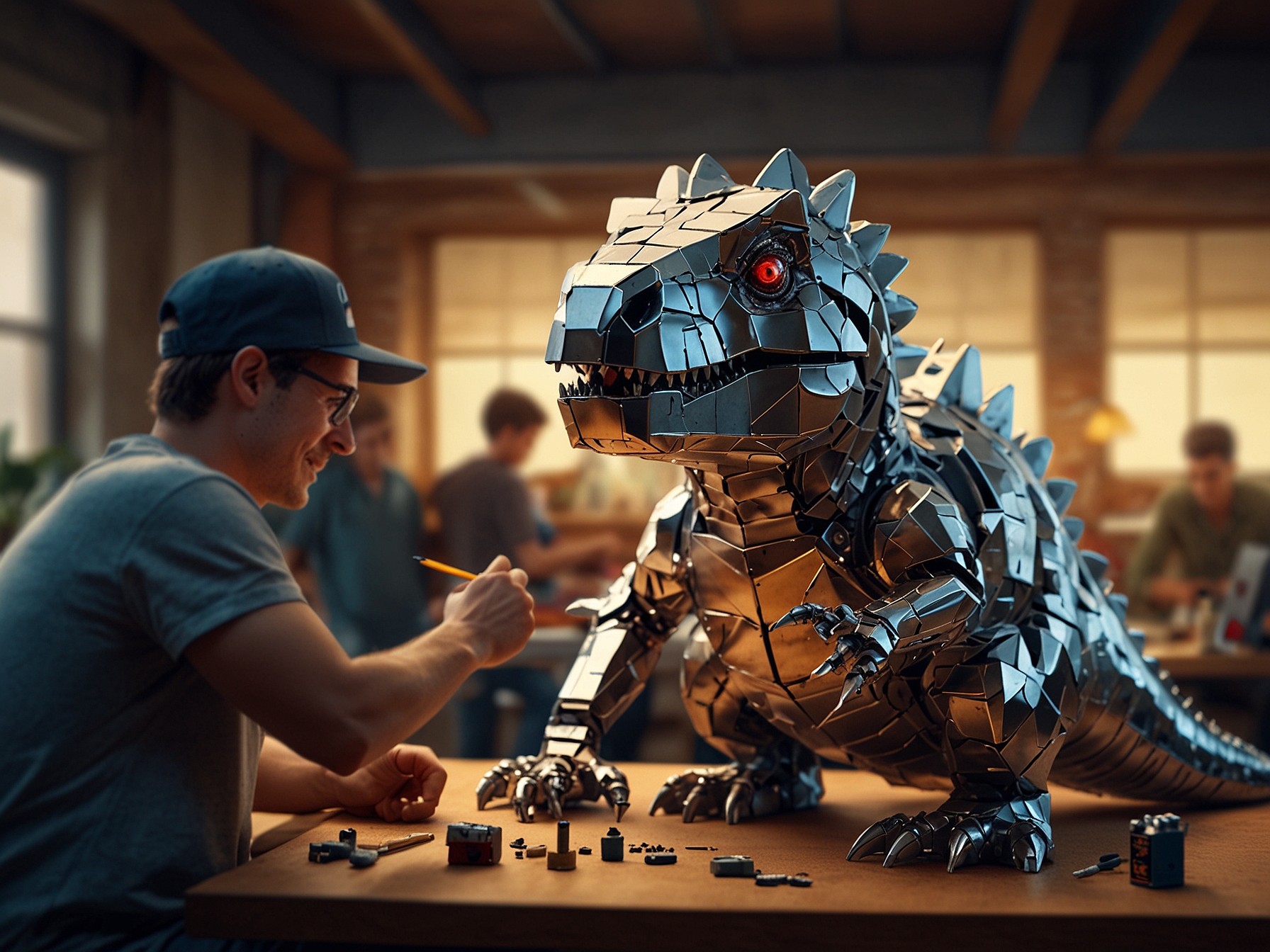 Young builders and nostalgic gamers assembling the Chrome Dino set, highlighting the easy-to-follow instructions and the fun, collaborative experience of recreating the iconic offline game character.