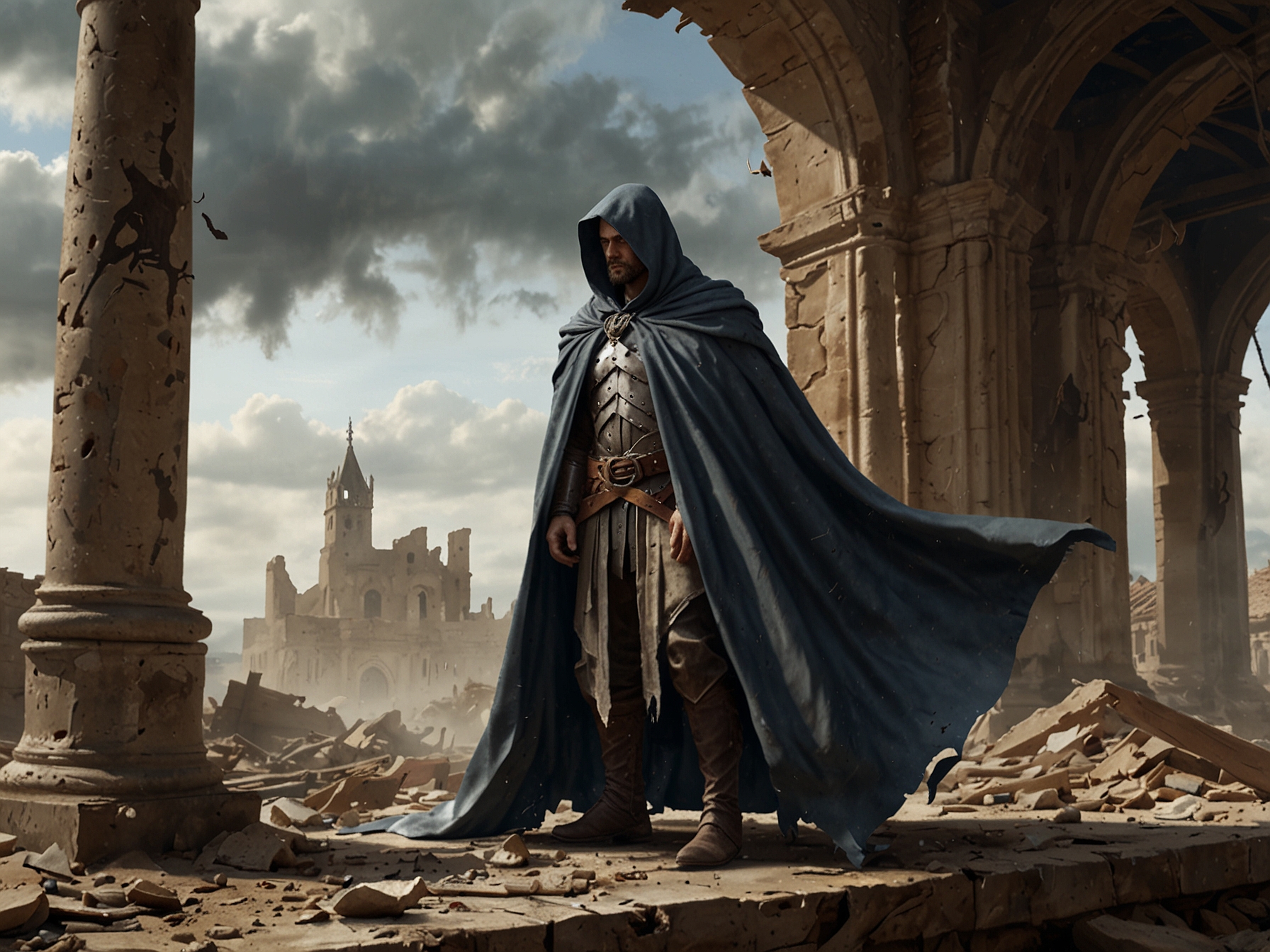 A character draped in a detailed, flowing cape stands in a ruin with tattered banners flapping in the wind, highlighting the impact of dynamic weather on cloth.