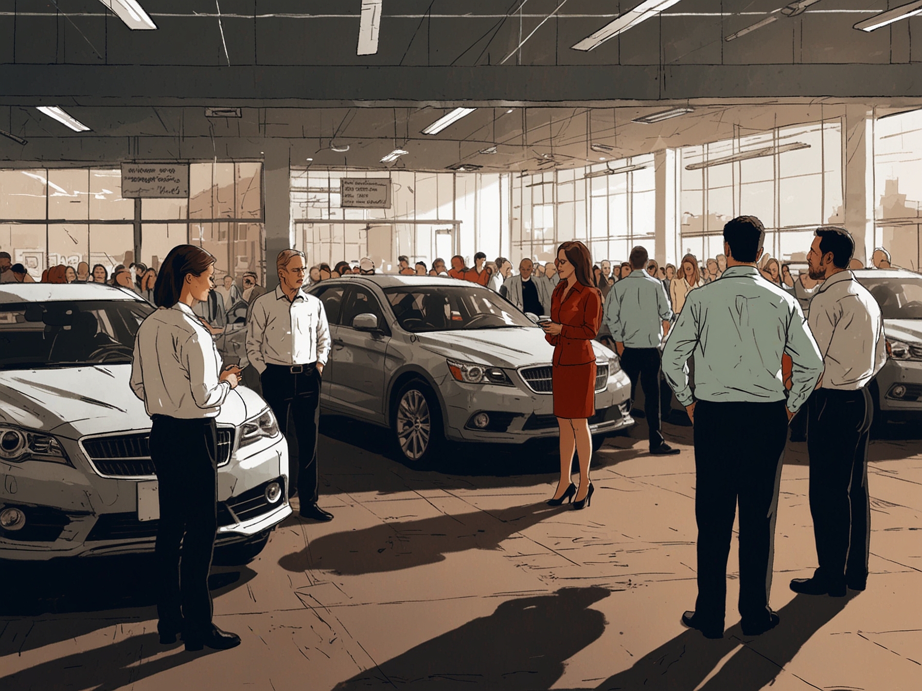 A busy auto dealership with sales staff and customers standing by, looking frustrated due to disrupted services caused by a cyber outage, highlighting operational challenges.