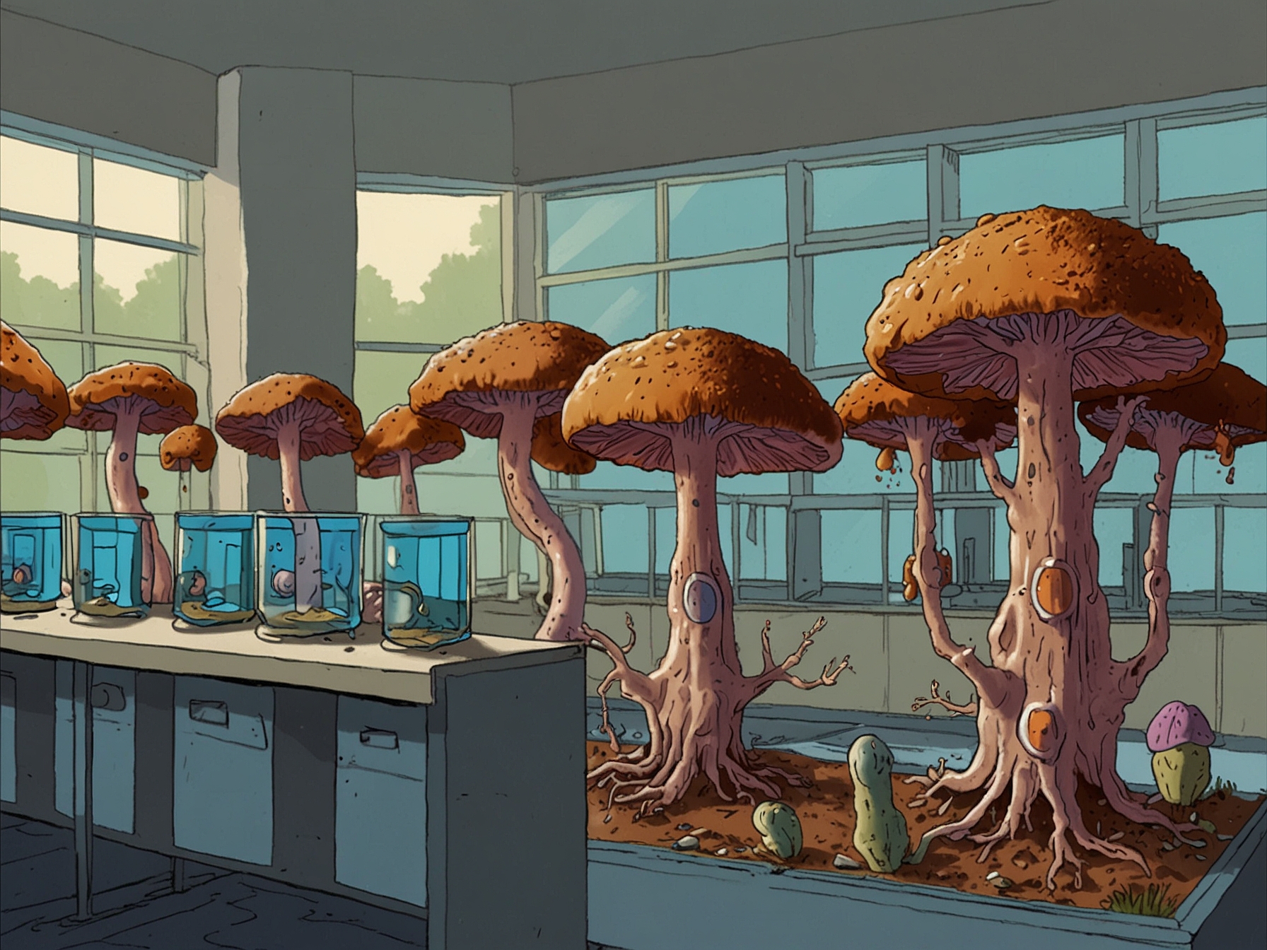 Illustration of pathogenic fungi thriving under warm conditions in a laboratory setting, showcasing increased growth rates and robust spore production as temperatures rise.