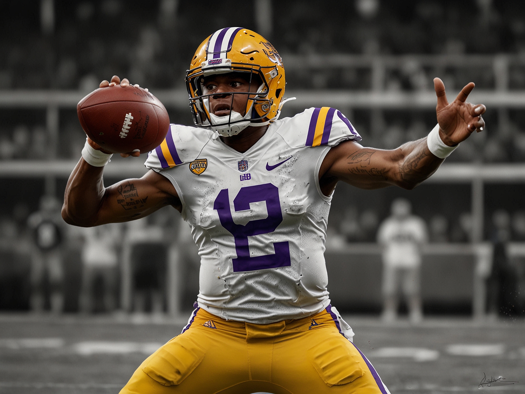 Jayden Daniels, in LSU uniform, showcasing his dual-threat capability by eluding a defender and preparing to throw a pass downfield, embodying his potential to elevate an NFL offense.