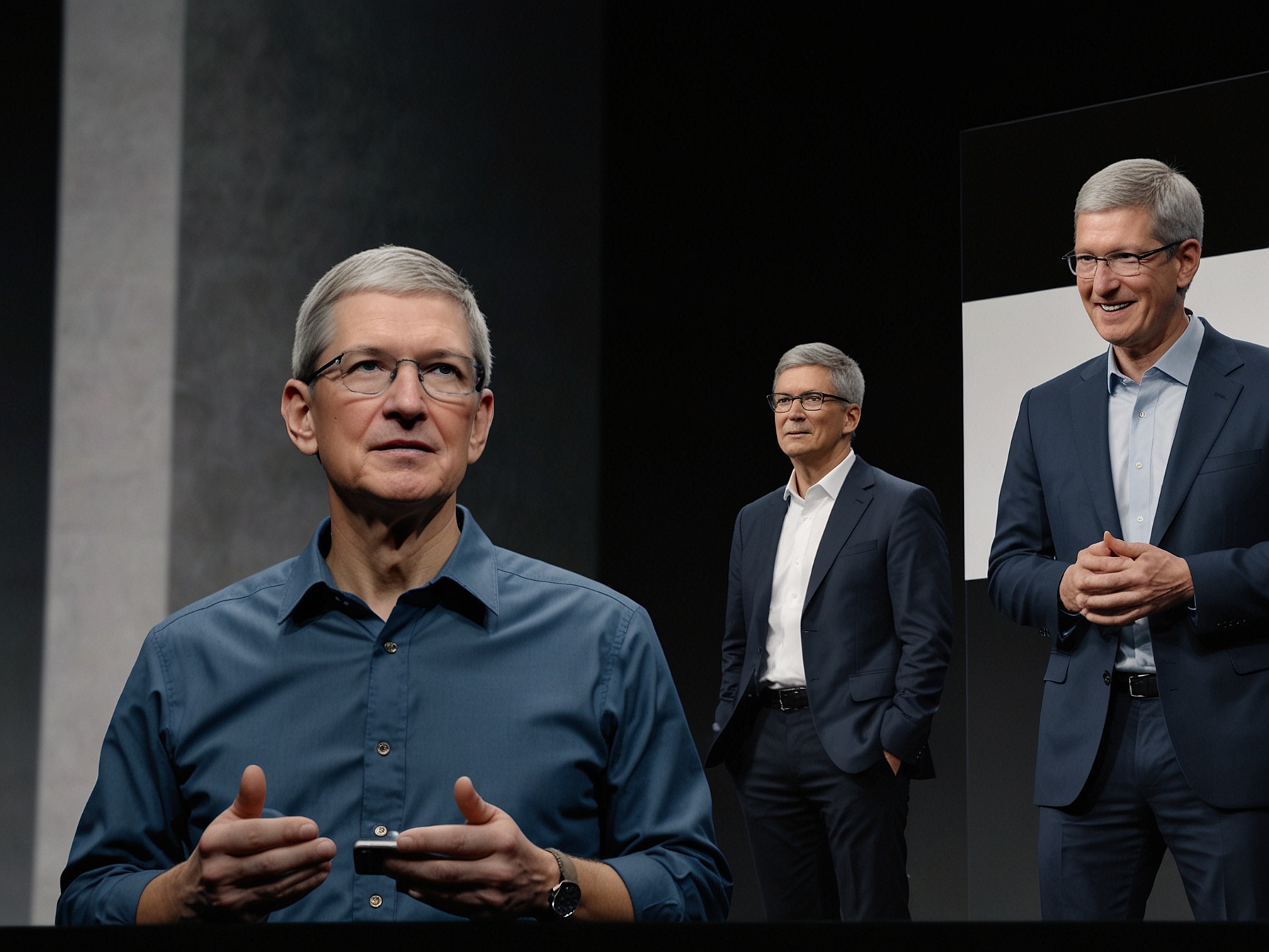Tim Cook and Apple's executive team presenting the new AI-driven features at WWDC 2023, emphasizing improved predictive text, voice recognition, and advanced photo editing tools.