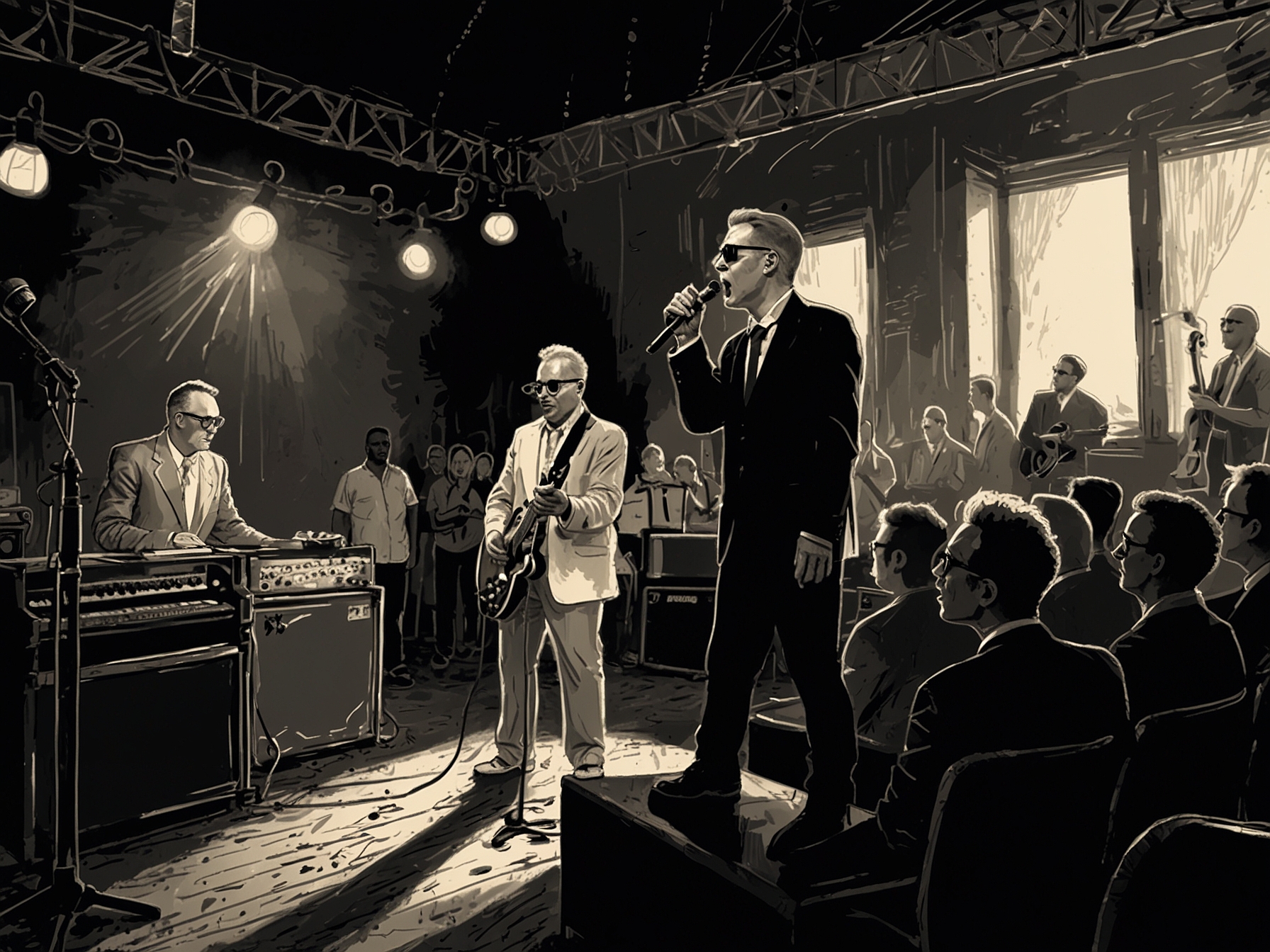 A vibrant concert scene with Soul Coughing on stage, captivating the audience with their unique blend of jazz, hip-hop, and beat poetry.
