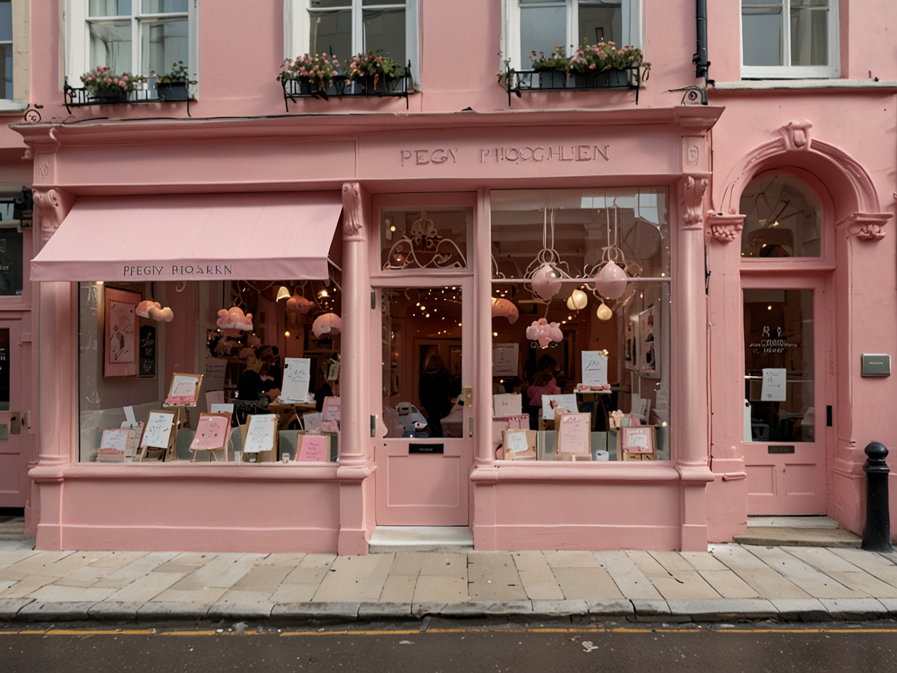 The enchanting pink exterior of Peggy Porschen in Belgravia, capturing its fairy-tale charm and the intricate, beautiful pastries found within.