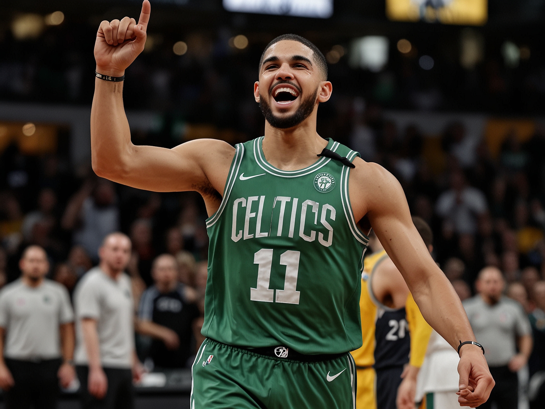 Jayson Tatum of the Boston Celtics celebrates after scoring during the decisive game five of the NBA Finals at the TD Garden. His 34 points helped secure Boston's record-breaking 18th championship.