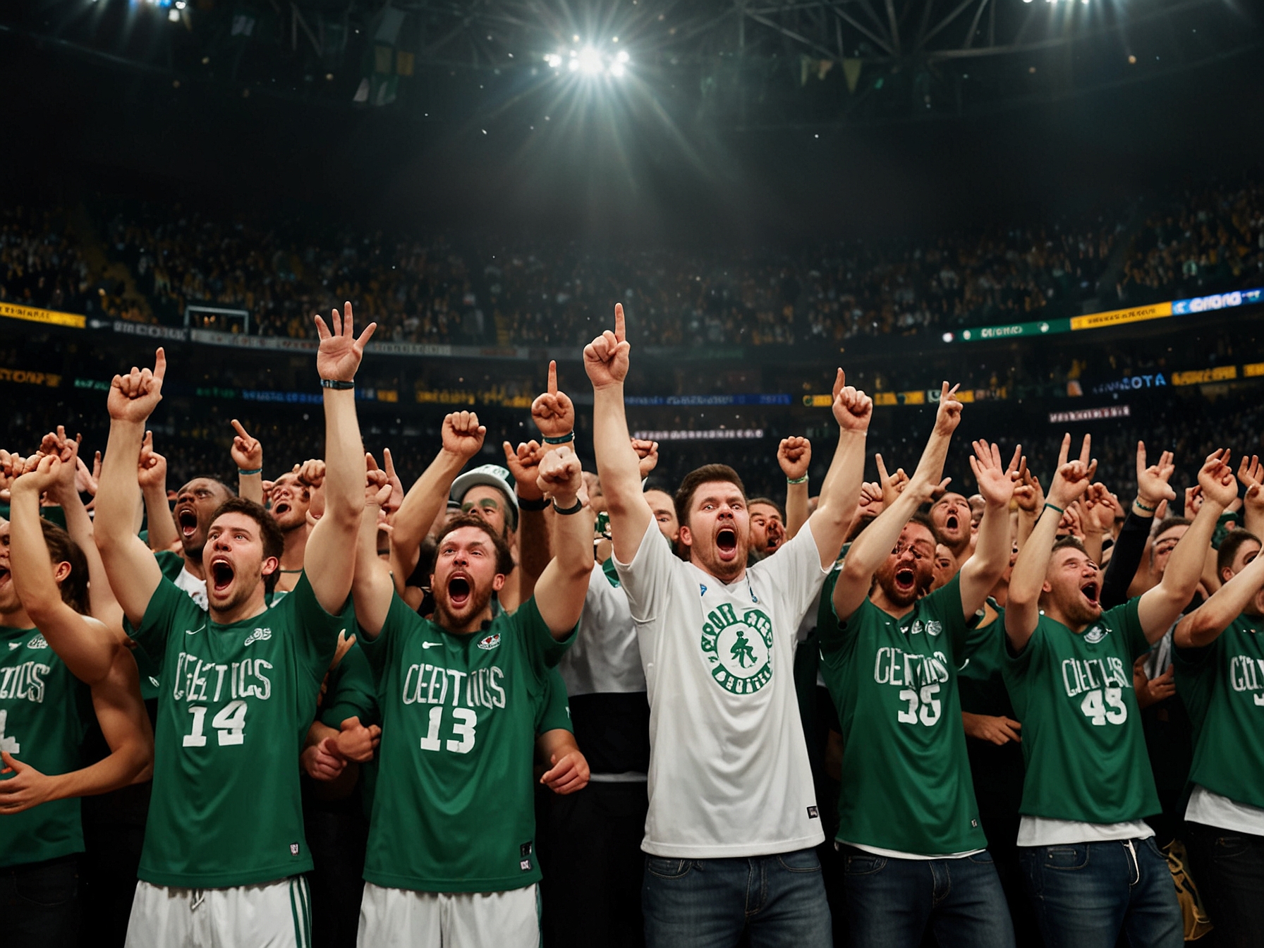 The Boston Celtics' fans erupt in celebration at the TD Garden as the team clinches their 18th NBA championship, surpassing the Los Angeles Lakers for the most titles in NBA history.