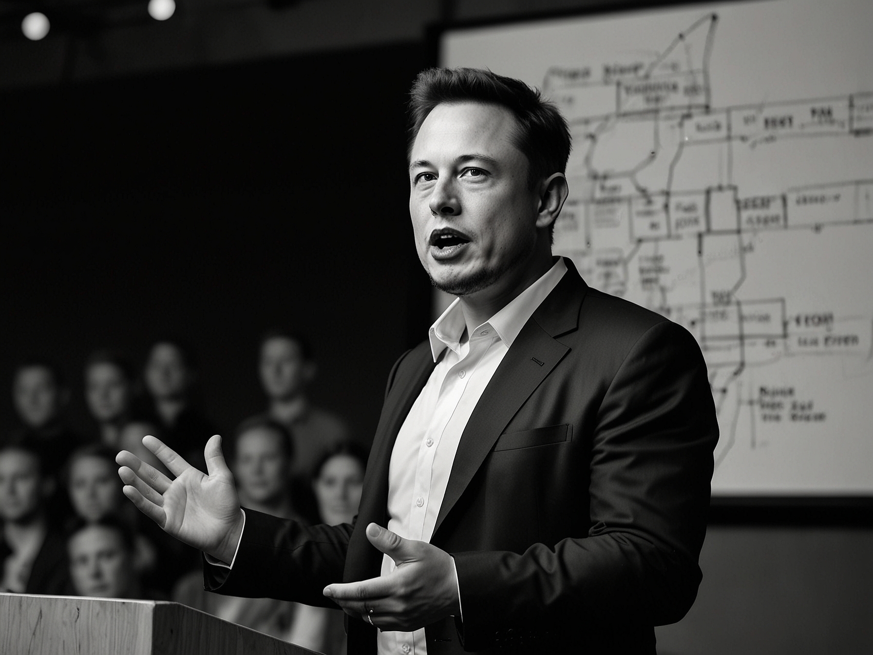 An image of Elon Musk addressing a public forum, illustrating his plea to advertisers to return to X as he highlights efforts to improve user experience and content moderation.