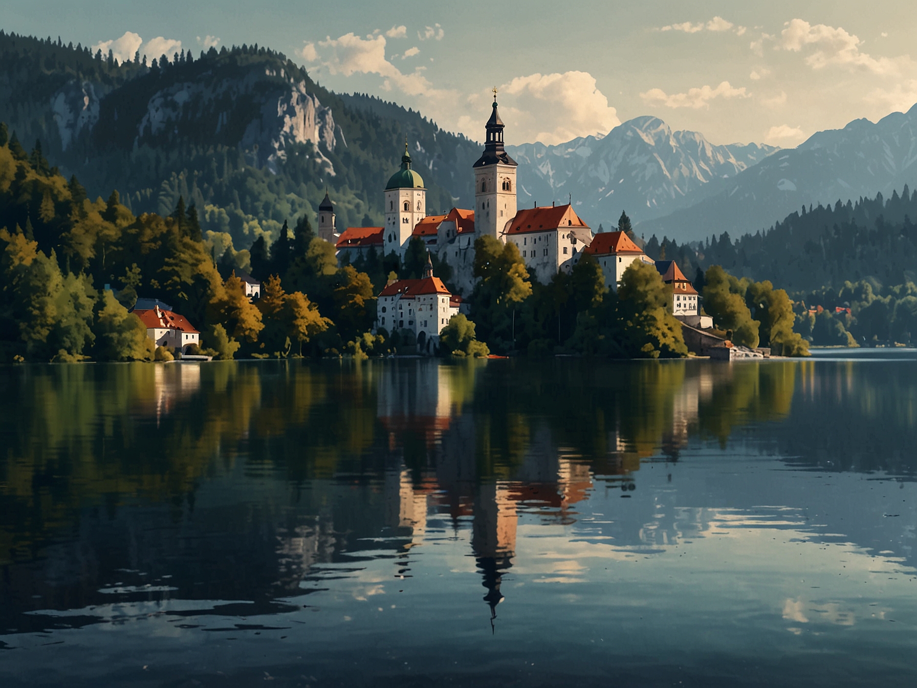 A serene view of Lake Bled with its iconic church and castle, highlighting Slovenia's pristine landscapes and commitment to preserving natural beauty.