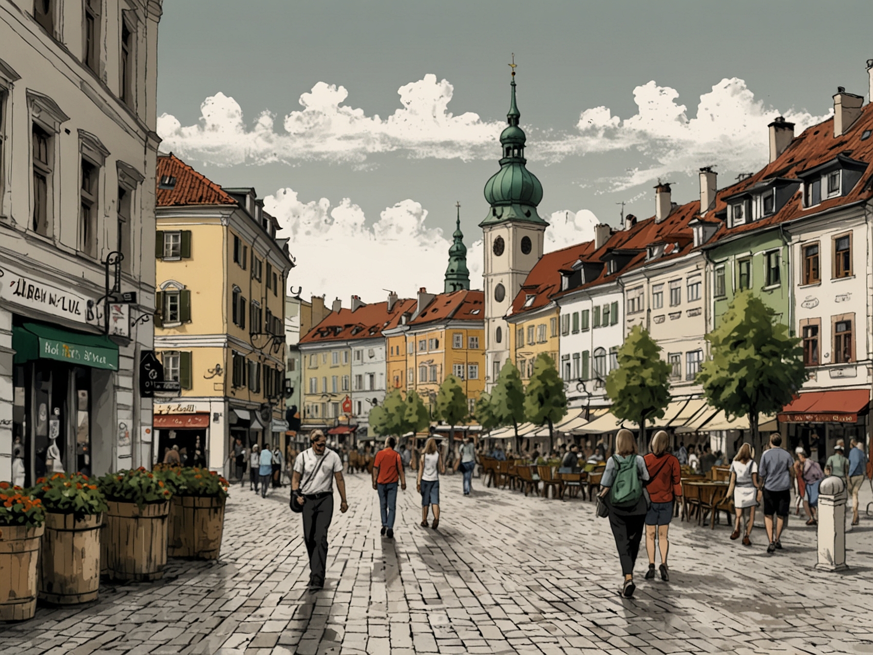 A bustling street in Ljubljana, showcasing the capital city's vibrant art scene, cultural festivals, and eco-friendly urban planning.