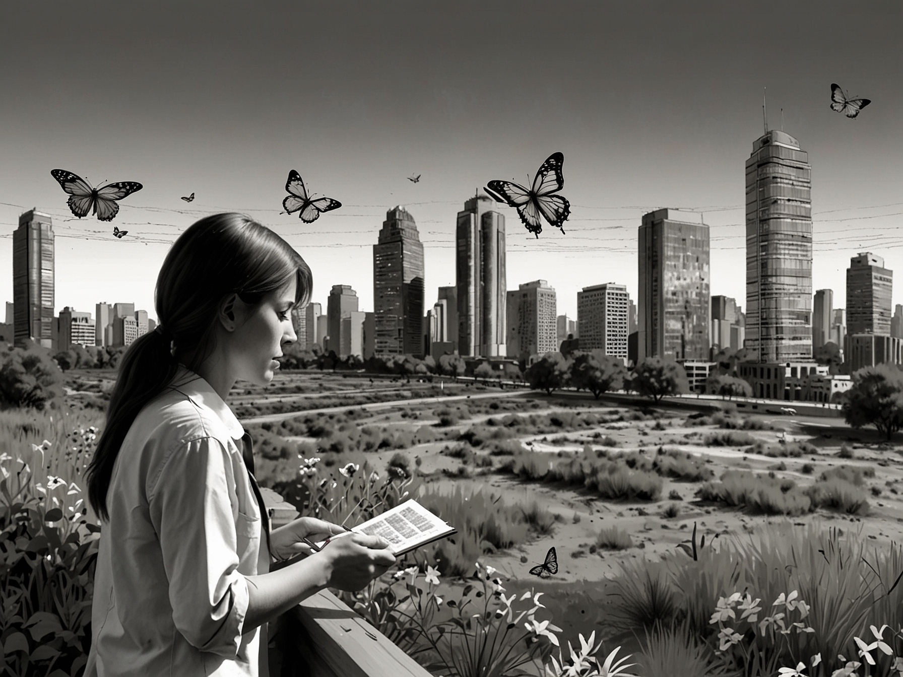 An ecologist studies the diminishing butterfly habitats, surrounded by urban development and deforested areas, illustrating the impact of habitat loss on butterfly populations.