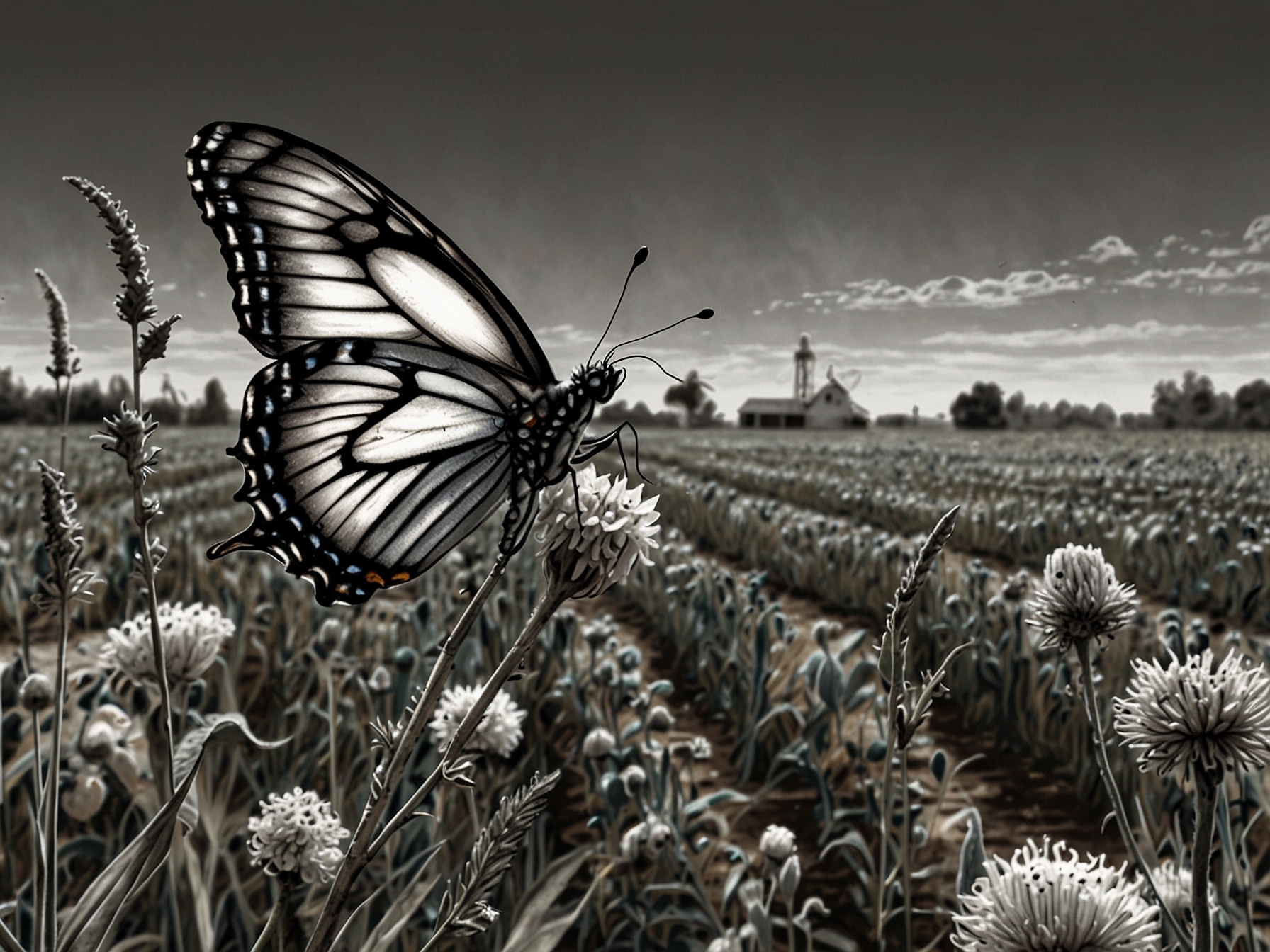 A butterfly struggles to forage in a pesticide-laden agricultural field, underscoring the detrimental effects of chemical use on butterfly health and survival.