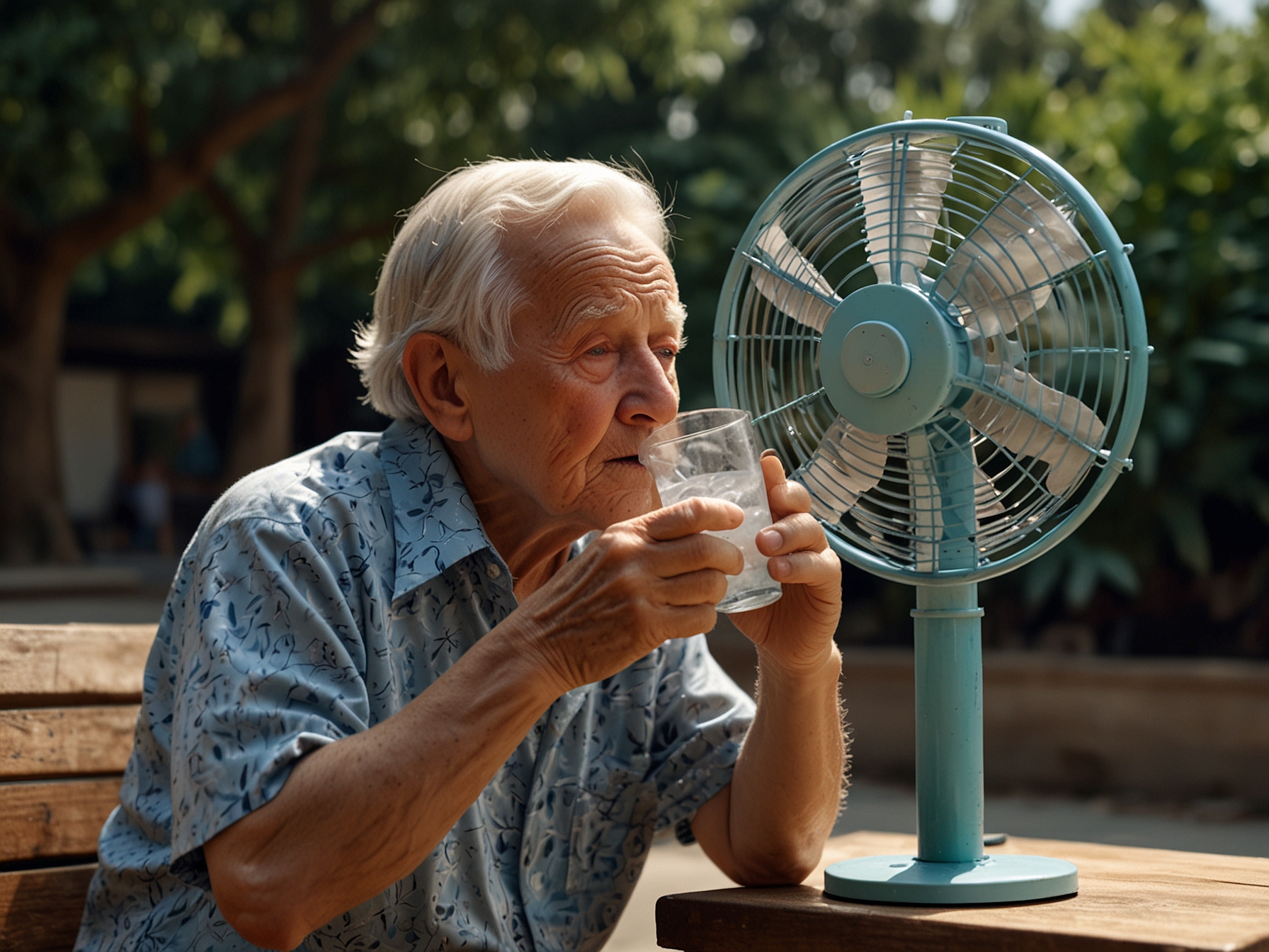 An elderly person using a fan and drinking water during a heatwave, emphasizing the health risks posed by rising temperatures and the importance of public awareness and proper cooling solutions.