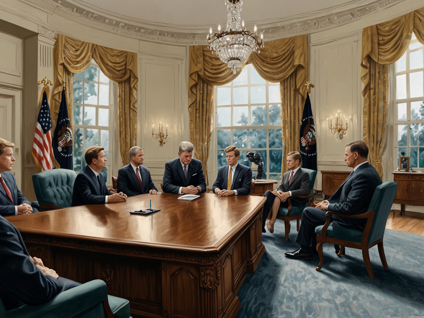 An AA meeting taking place in a symbolic White House setting, representing Kennedy's proposal to destigmatize addiction and demonstrate that recovery is possible regardless of one's status.