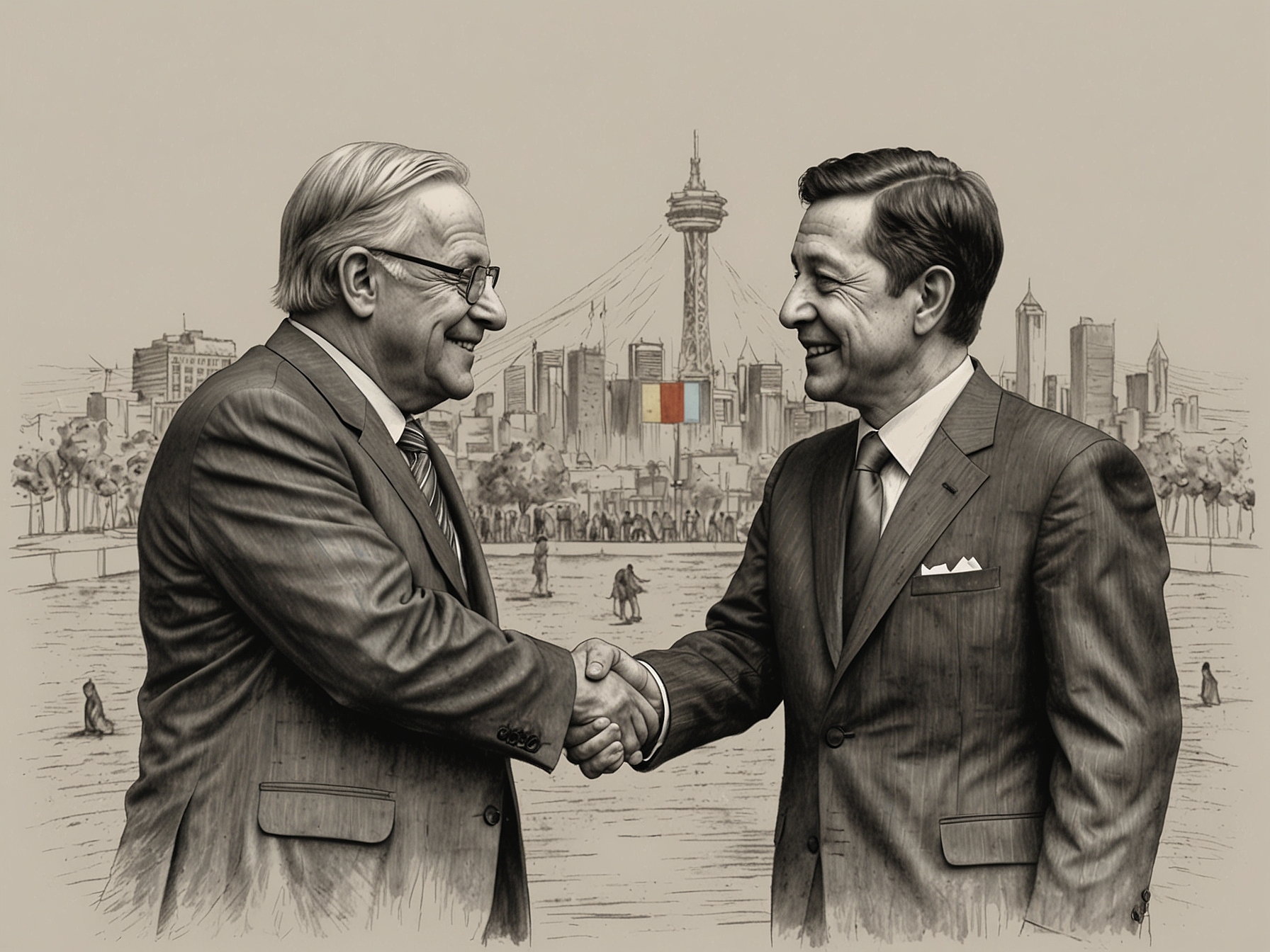 A depiction of international leaders shaking hands, symbolizing the need for international cooperation to address the root causes of migration and foster global stability.
