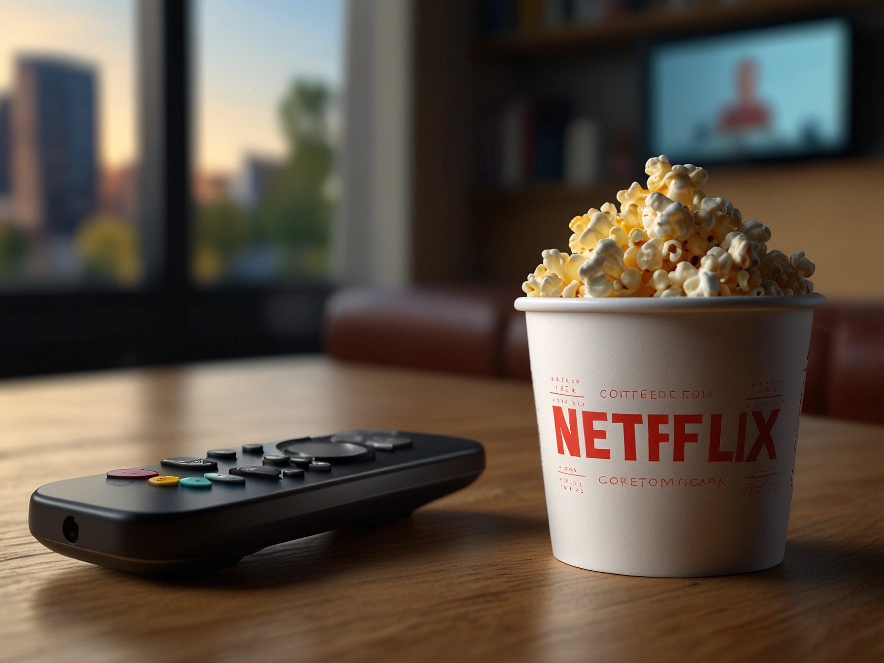 A bag of Netflix: Now Popping premium popcorn resting on a coffee table, surrounded by a remote control and a TV screen displaying the Netflix interface, perfect for movie nights.
