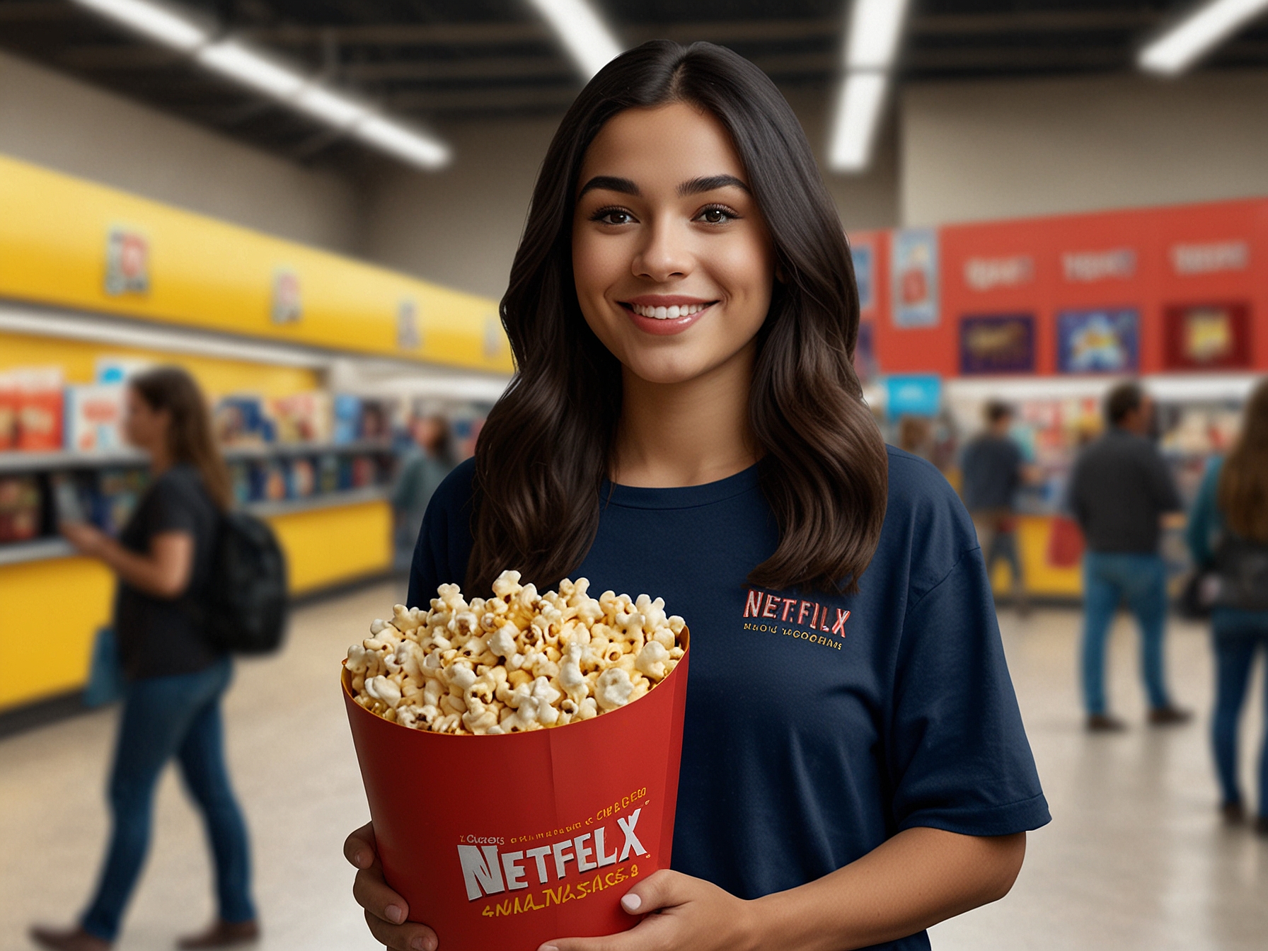 A shopper holding a bag of Netflix-branded popcorn at Walmart, showcasing the partnership with Popcorn Indiana and emphasizing the product's accessibility for home entertainment.