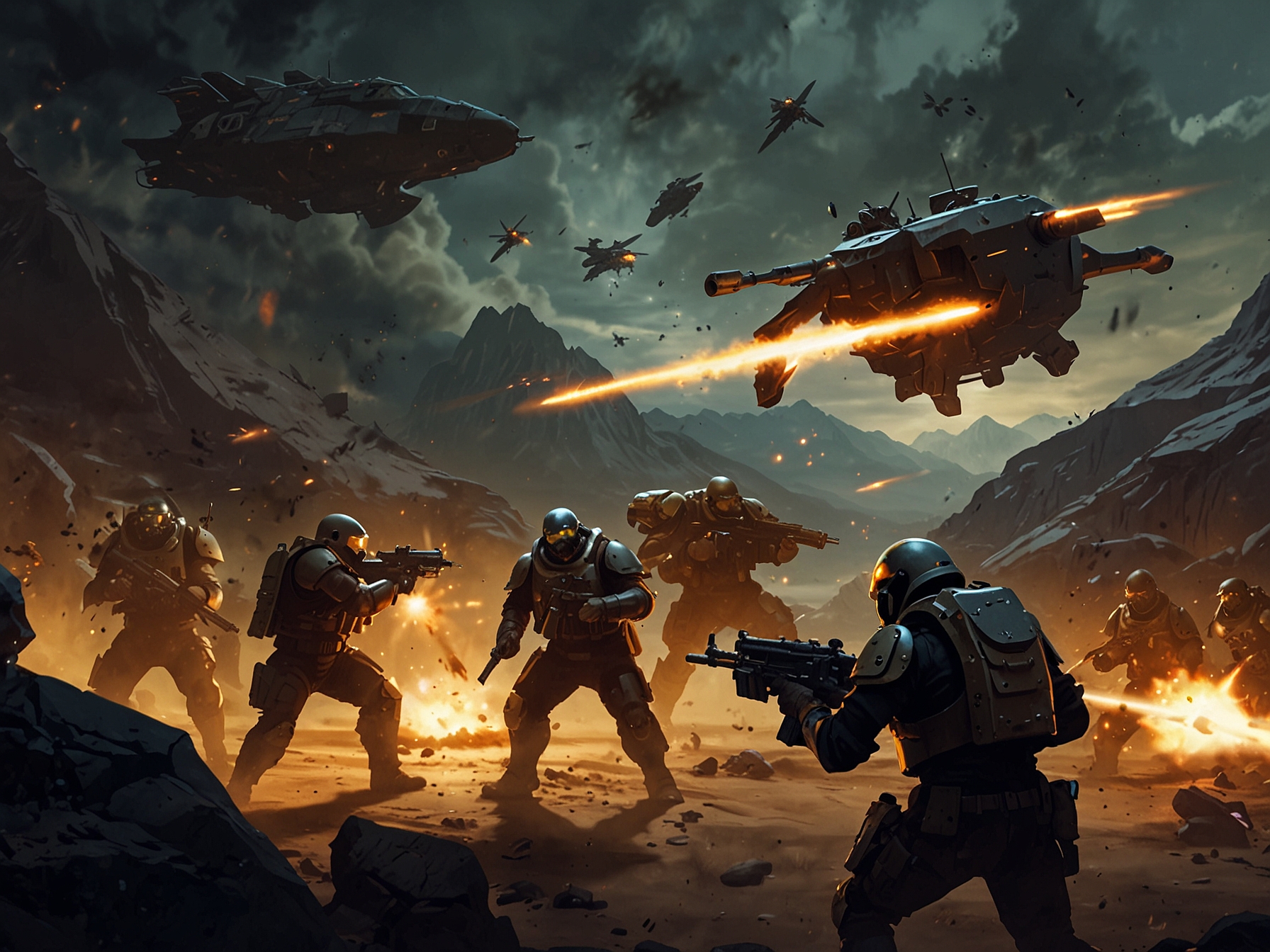 A screenshot of Helldivers 2 gameplay showcasing intense cooperative action as players deploy various weapons and stratagems in a hostile, alien-infested environment.