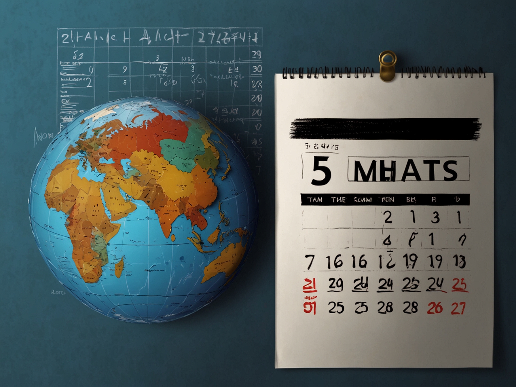 An illustration of a calendar marked with a '5 years' sign to signify the delay, with a backdrop of a globe depicting various countries under scrutiny for human rights conditions.