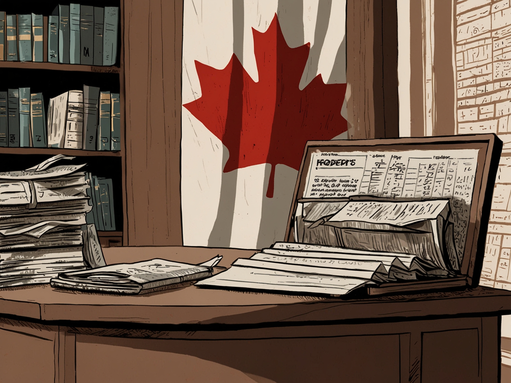 A depiction of files labeled 'human rights reports' gathering dust on a shelf to underline the negligence, with a Canadian flag and symbols of justice and diplomacy in the background.
