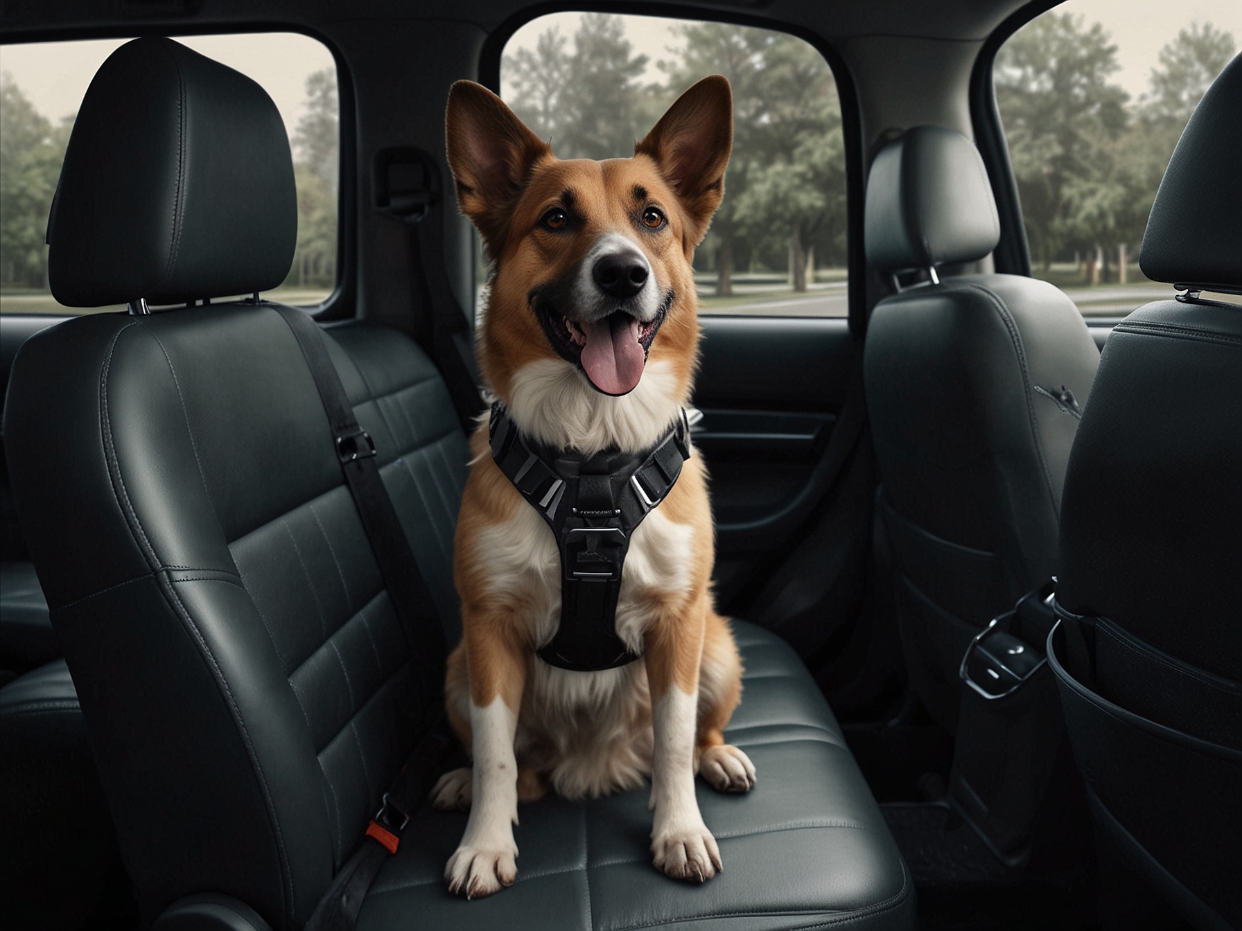 A driver securing a dog with a safety harness in the backseat of a car, emphasizing the importance of proper restraints during travel for pet safety and legal compliance.