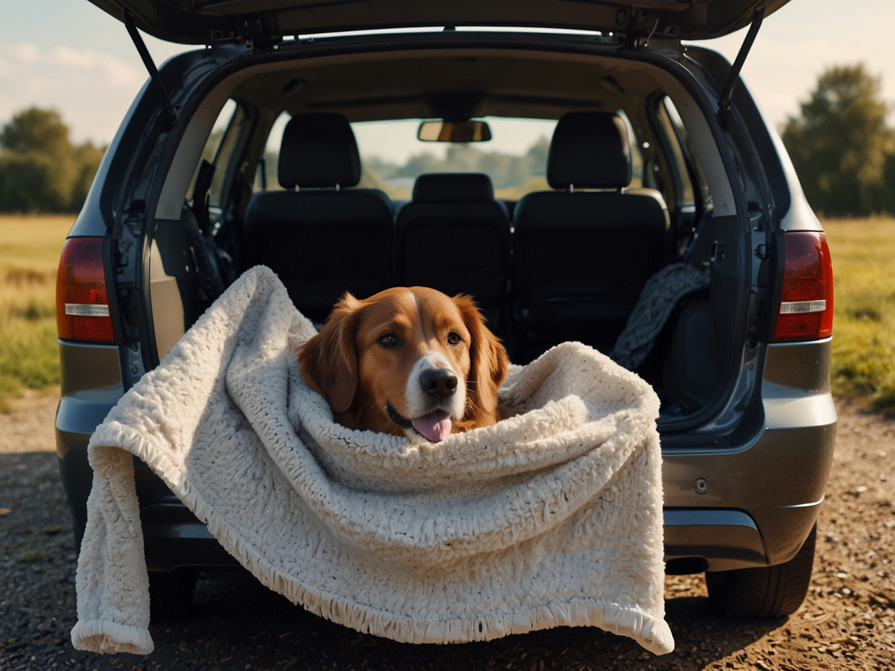A spacious car boot with a securely fastened crate, lined with comfortable blankets, showcasing how to create a safe and pleasant environment for a dog's journey.