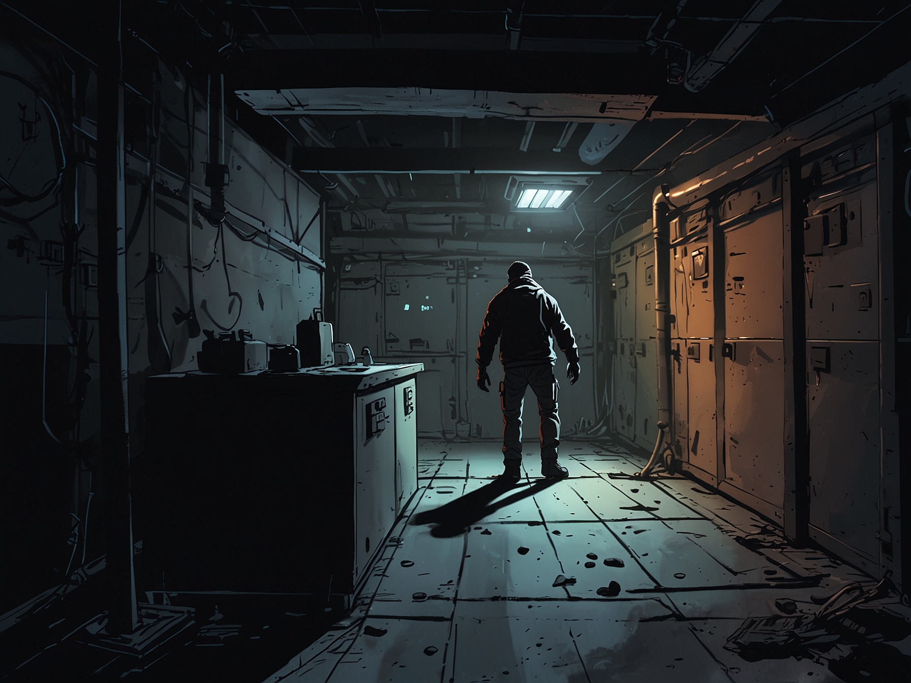 A tense scene depicting the player in a crawl space, their character hidden from Addair who is prowling the generator room, illustrating the high-stakes stealth required.