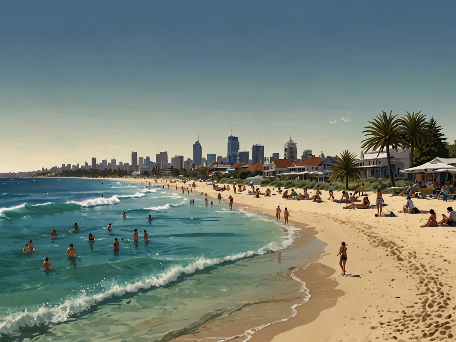 A sunny day at Cottesloe Beach, Perth, with crystal-clear waters and golden sand, where visitors lounge and savor fresh seafood. The backdrop features the picturesque Perth city skyline.