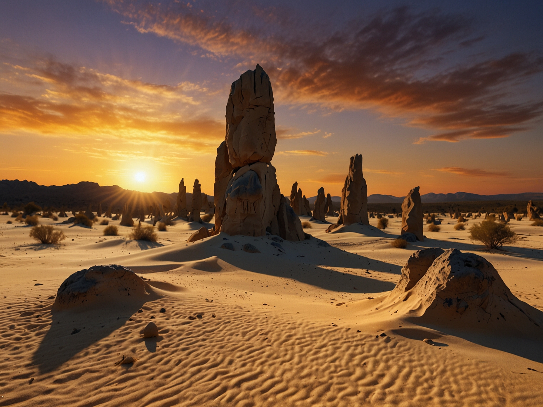 The mystical landscape of the Pinnacles Desert in Nambung National Park, showcasing limestone pillars rising from golden sands, captured at sunset with shadows creating an ethereal view.