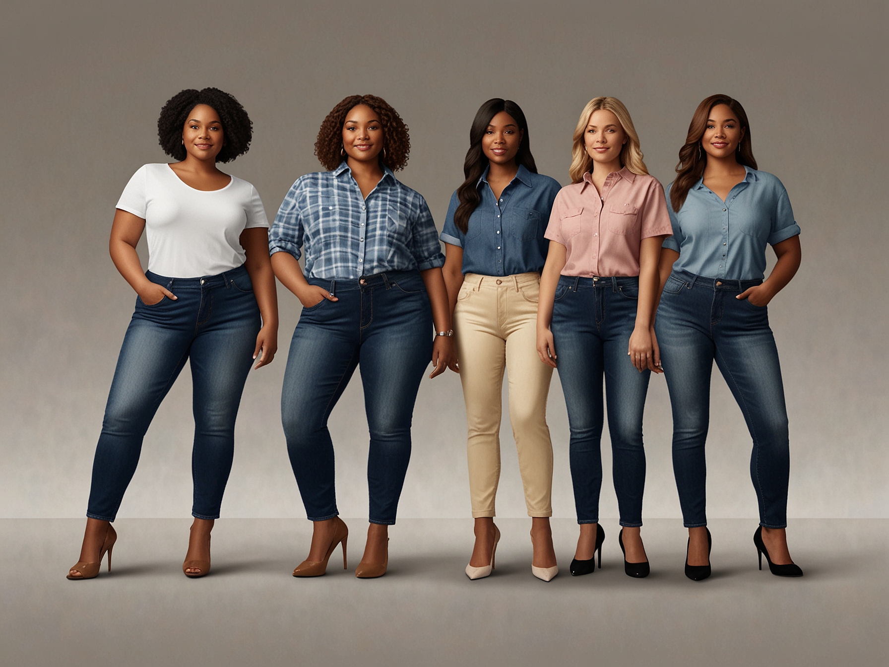 A group of diverse individuals showcasing M&S jeans in various styles and shades, highlighting the inclusive sizing and the perfect fit that flatters all body types.