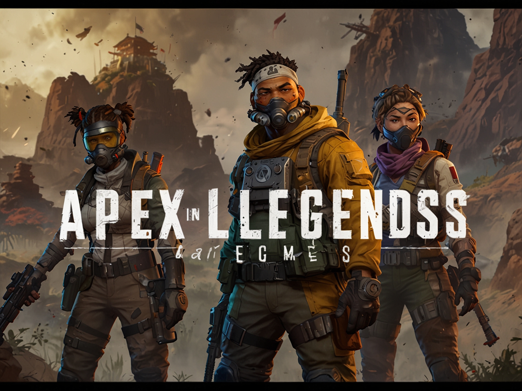 An in-game scene from Apex Legends featuring Legends in a squad-based operation, demonstrating key strategies like effective looting, map mastery, and leveraging the game's unique movement mechanics.