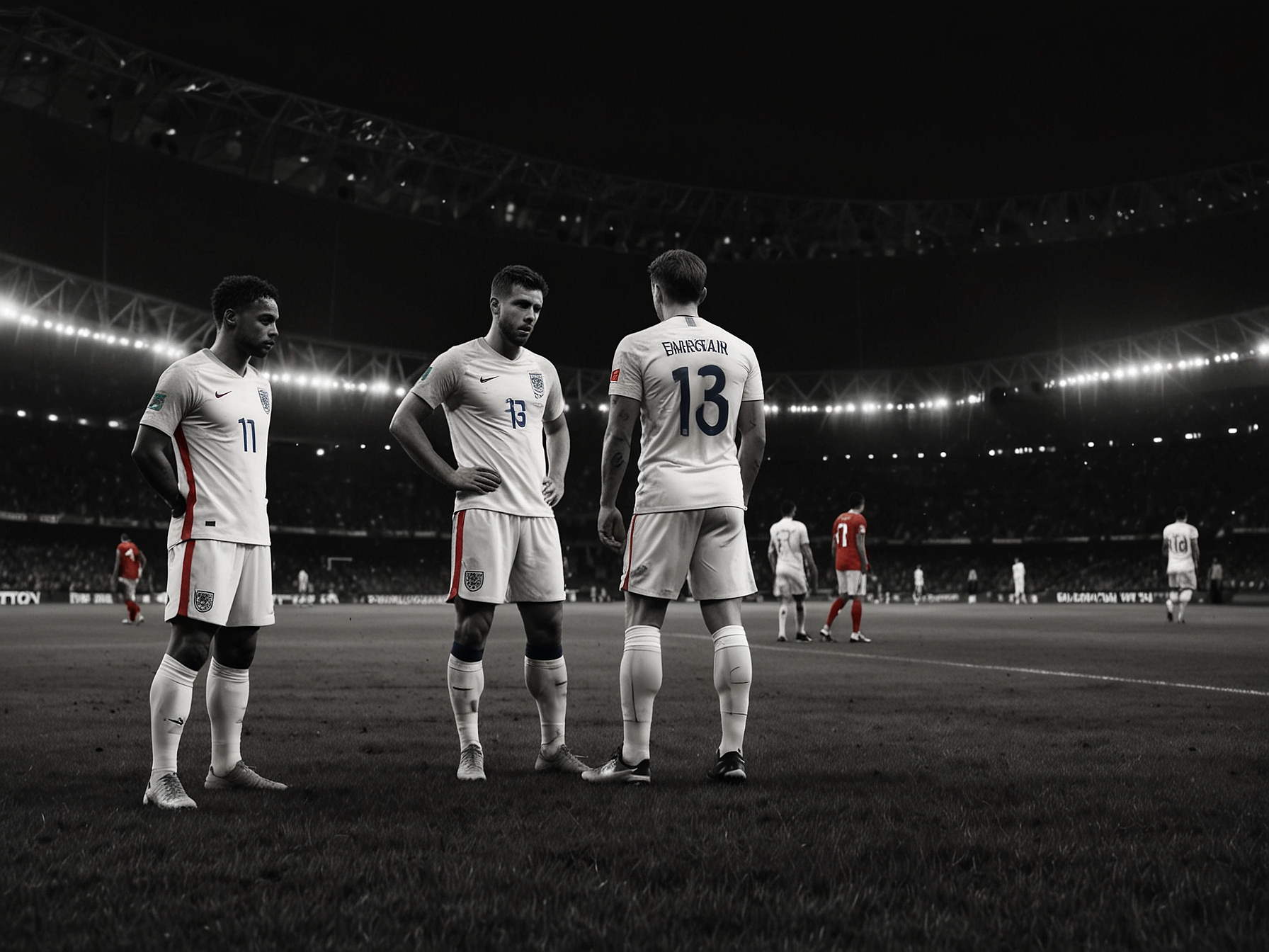 Players from the England national team look dejected on the field during their draw with Denmark, highlighting the struggles faced in breaking down the opposition defense.