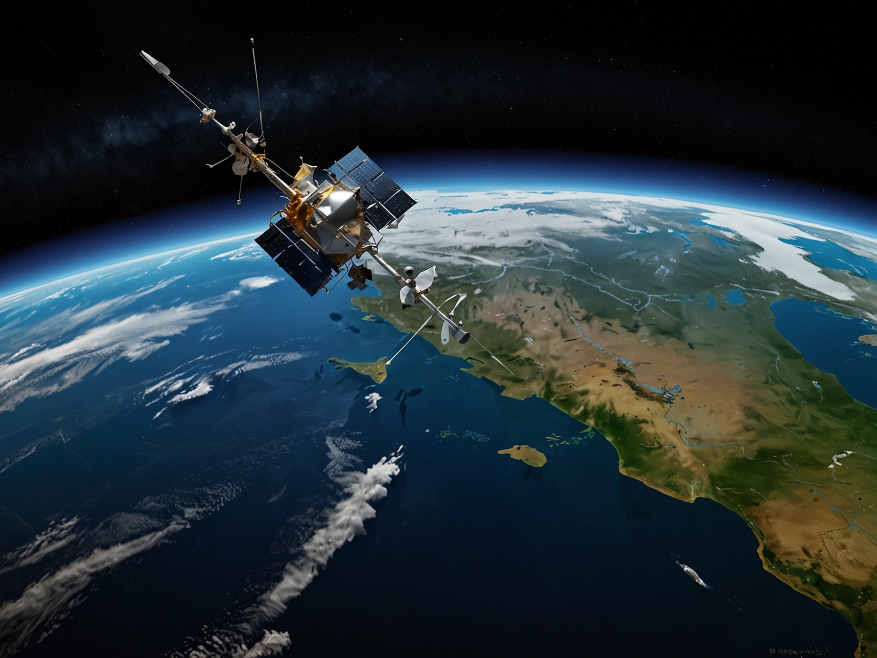 Illustration of NASA satellite monitoring Earth's climate, highlighting the agency's role in Earth observation and climate data collection for resilience strategies.