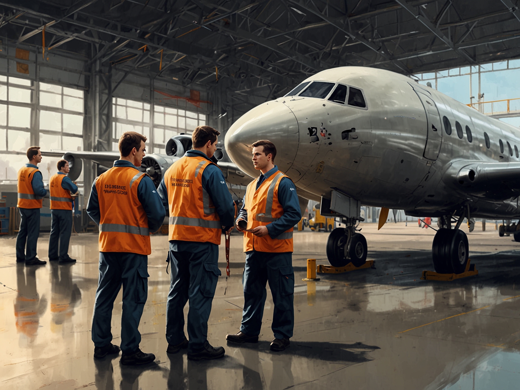 An image showing a team of aircraft mechanics conducting a pre-flight inspection, highlighting the rigorous safety checks carried out to ensure passenger safety.