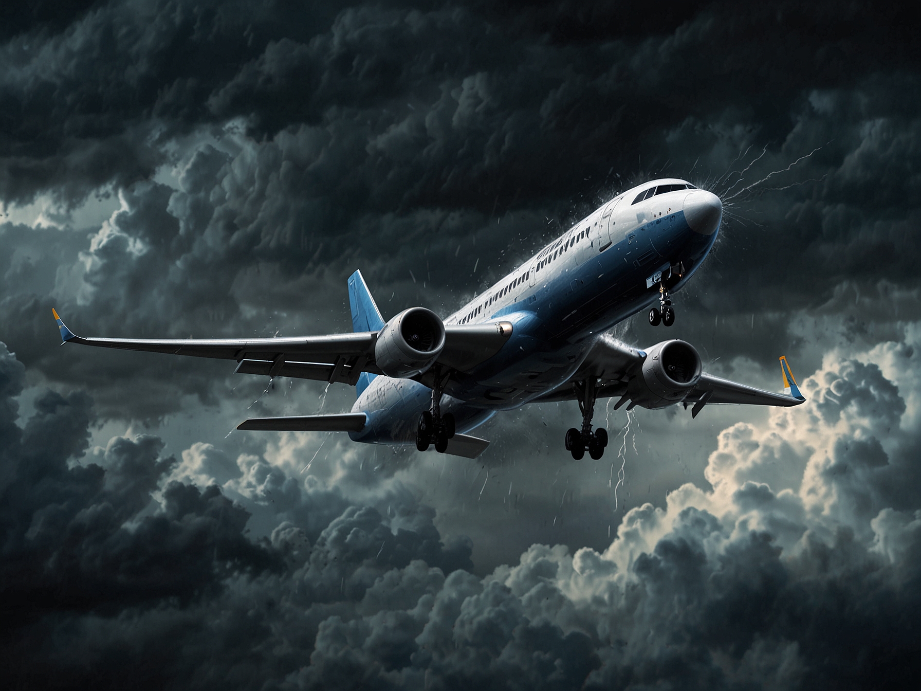 An image depicting a commercial airplane flying through stormy weather, symbolizing the importance of weather conditions in affecting flight schedules and prioritizing passenger safety.