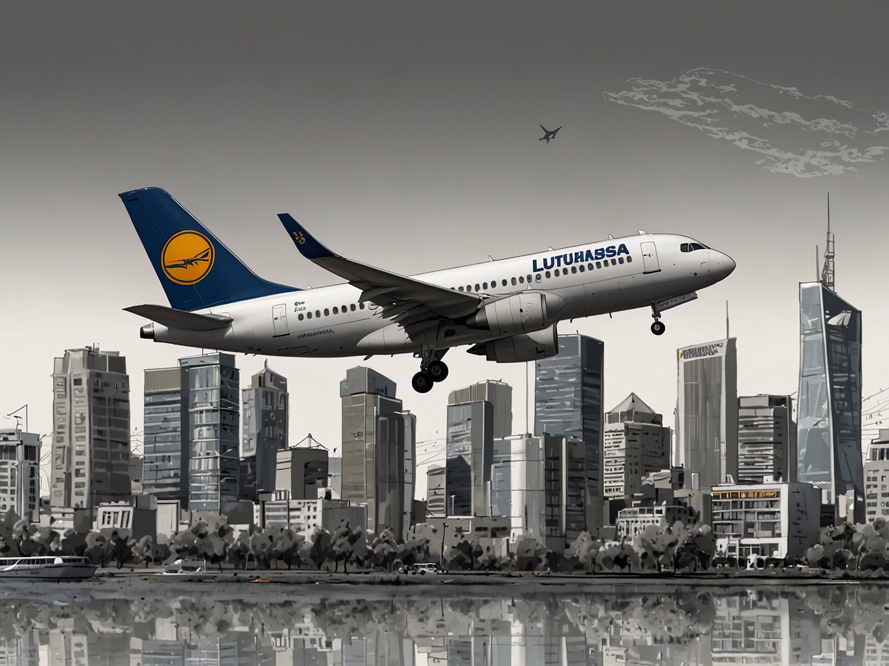 An illustration depicting a modern Lufthansa City Airlines aircraft taking off, highlighting the new airline's dedication to providing eco-friendly and comfortable regional travel options.